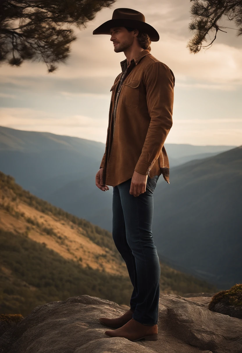 There's a handsome man with medium brown hair, With hat and standing on a mountain, montanhas no fundo, com montanhas ao fundo, montanhas no fundo, em frente a uma montanha, No topo da montanha, No topo da montanha, vestindo camisa, pants, bota, Personagem mascote, frontal