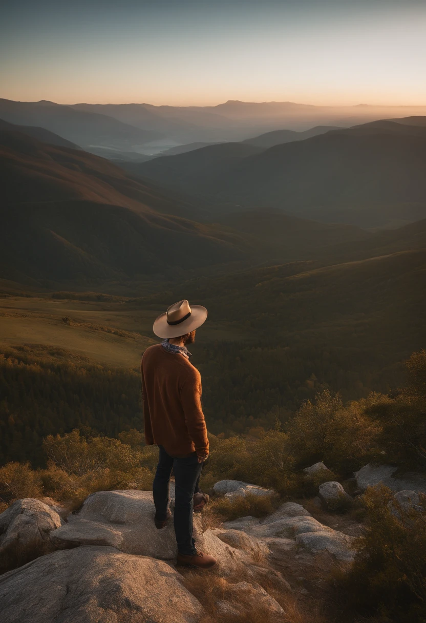 There's a handsome man with medium brown hair, With hat and standing on a mountain, montanhas no fundo, com montanhas ao fundo, montanhas no fundo, em frente a uma montanha, No topo da montanha, No topo da montanha, vestindo camisa, pants, bota, Personagem mascote, frontal