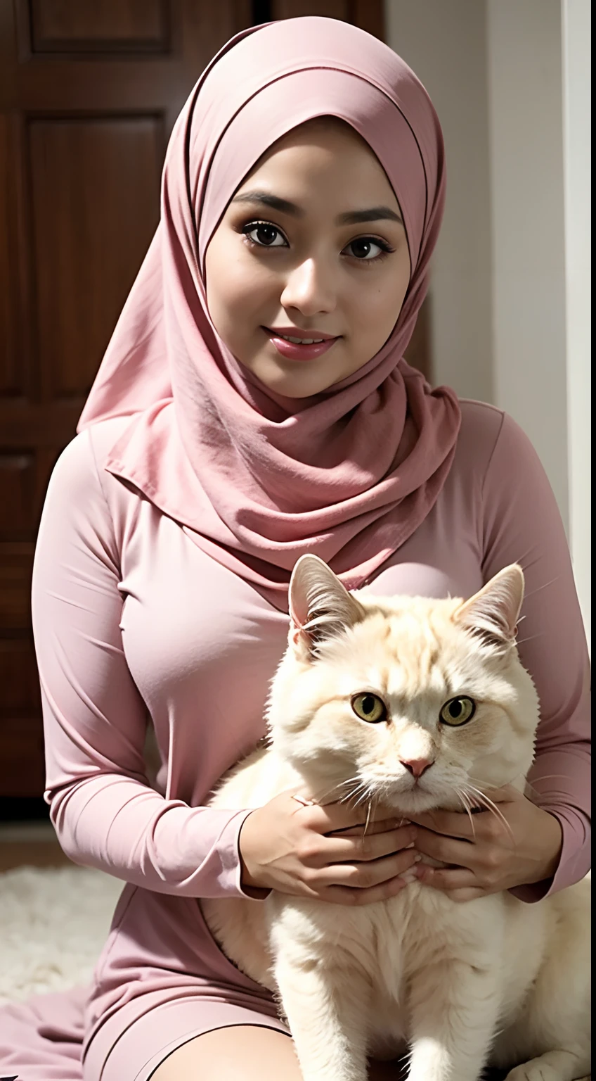 RAW, Best quality, high resolution, Masterpiece: 1.3), Beautiful Malay woman in hijab, Masterpiece, Design a heartwarming scene as the young Malay woman interacts with her beloved cat pet, big fluffy white persian cat, beautiful woman with beautiful small petite body, big breast,wearing a small blouse with a pastel colored flower pattern,small petite body, showcasing the bond between them in a cozy home setting, bright lighting, happy,