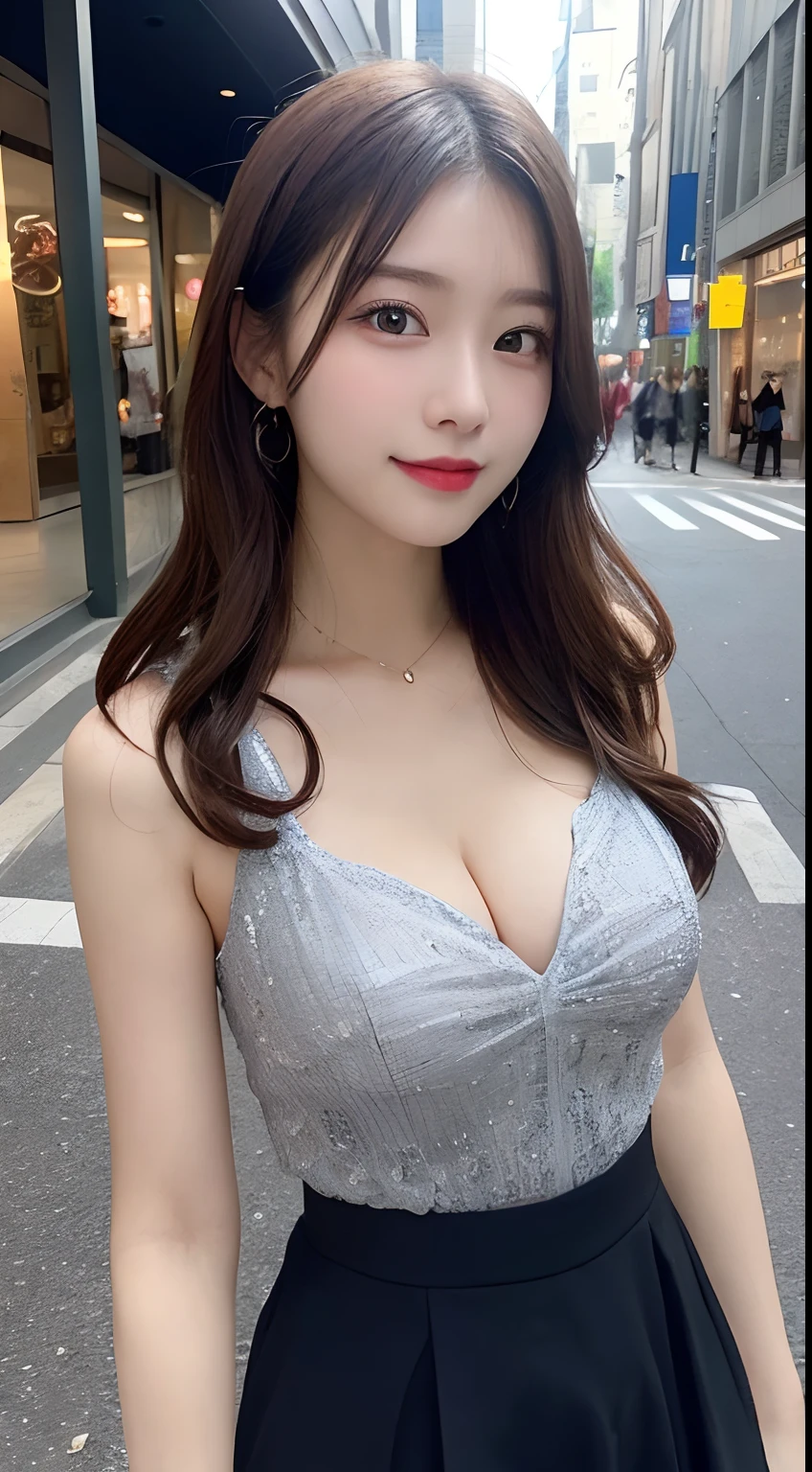 1girll、Masterpiece Mastepiece, Best Quality, Illustration, Ultra-detailed, finely detail, hight resolution, high-level image quality、8K Wallpaper, a Korean girl、韓国アイドル、Perfect dynamic composition, Beautiful detailed eyes, Random Dresses,Medium Hair, cleavage of the breast, Natural Color Lip, Random and sexy poses,Beautiful skin、Smile,Street Walk、20 years girl