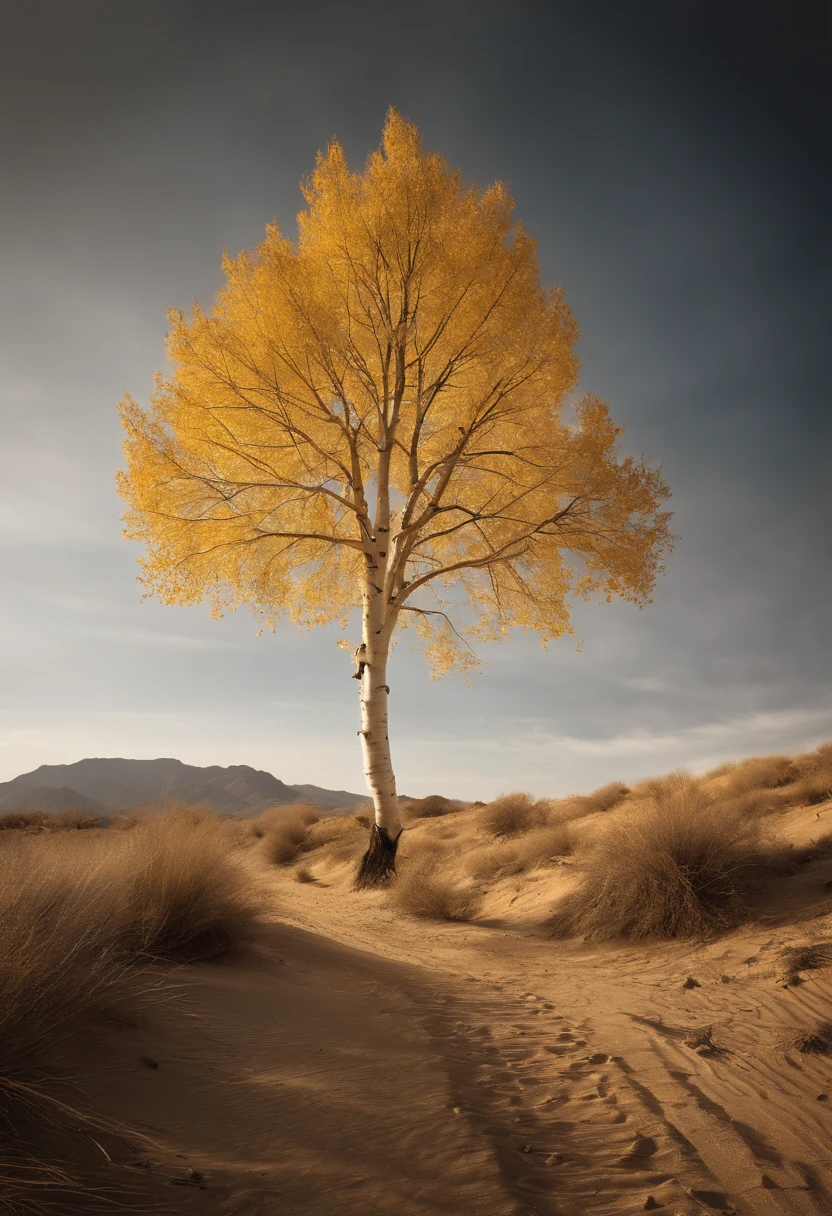 Magazine illustration，((In the desert))，A few tall ones(((Golden poplar tree：1.3)))，Patches of yellow-yellow poplar forests，Poplar tree，Fallen leaves on the ground，k hd，Sony SLR lens，Master masterpieces，Cinematic lighting lighting，extreme hight detail