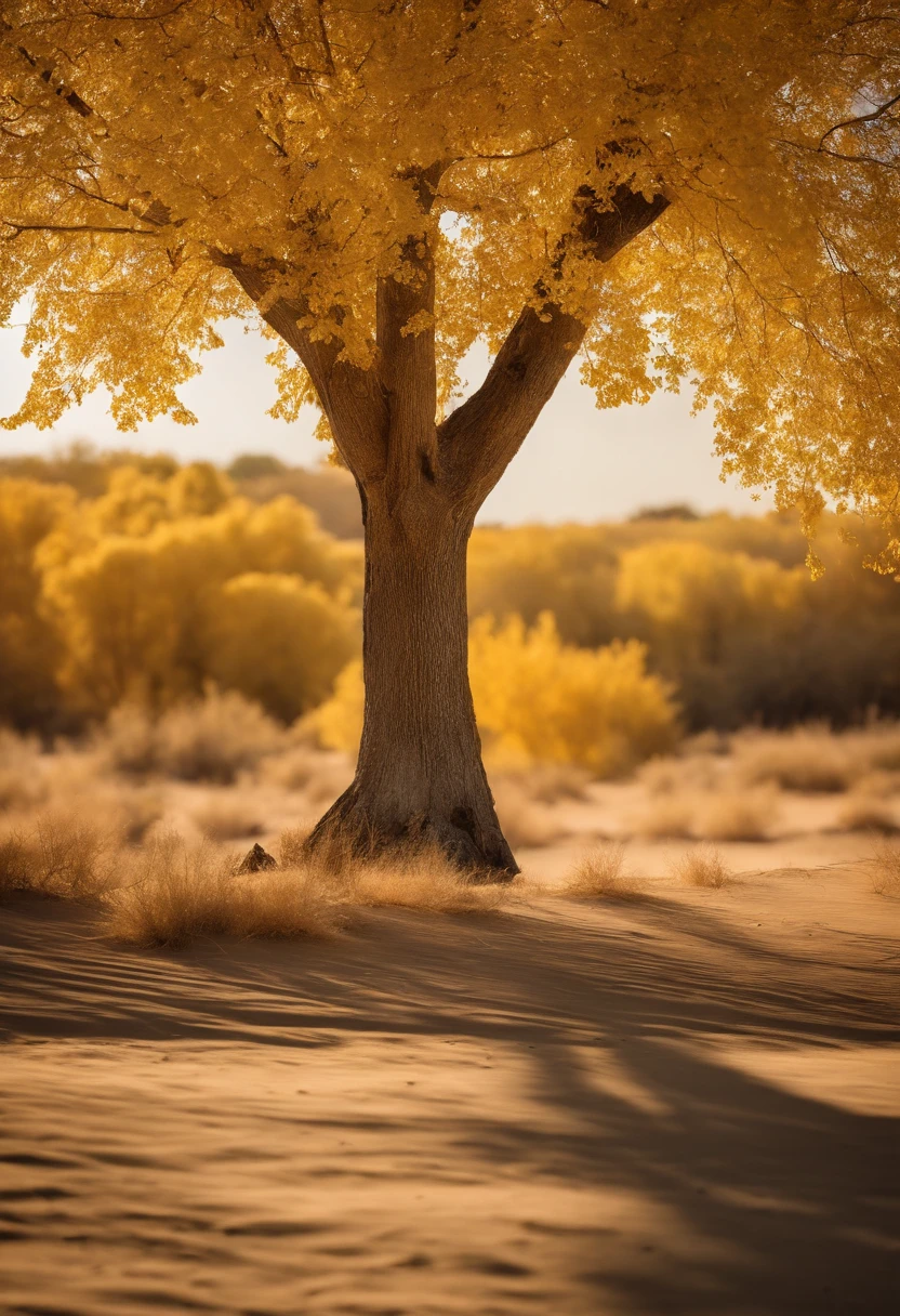 Magazine illustration,((In the desert)),A few tall ones(((Golden poplar tree:1.3))),Patches of yellow-yellow poplar forests,Poplar tree,Fallen leaves on the ground,k hd,Sony SLR lens,Master masterpieces,Cinematic lighting lighting,extreme hight detail