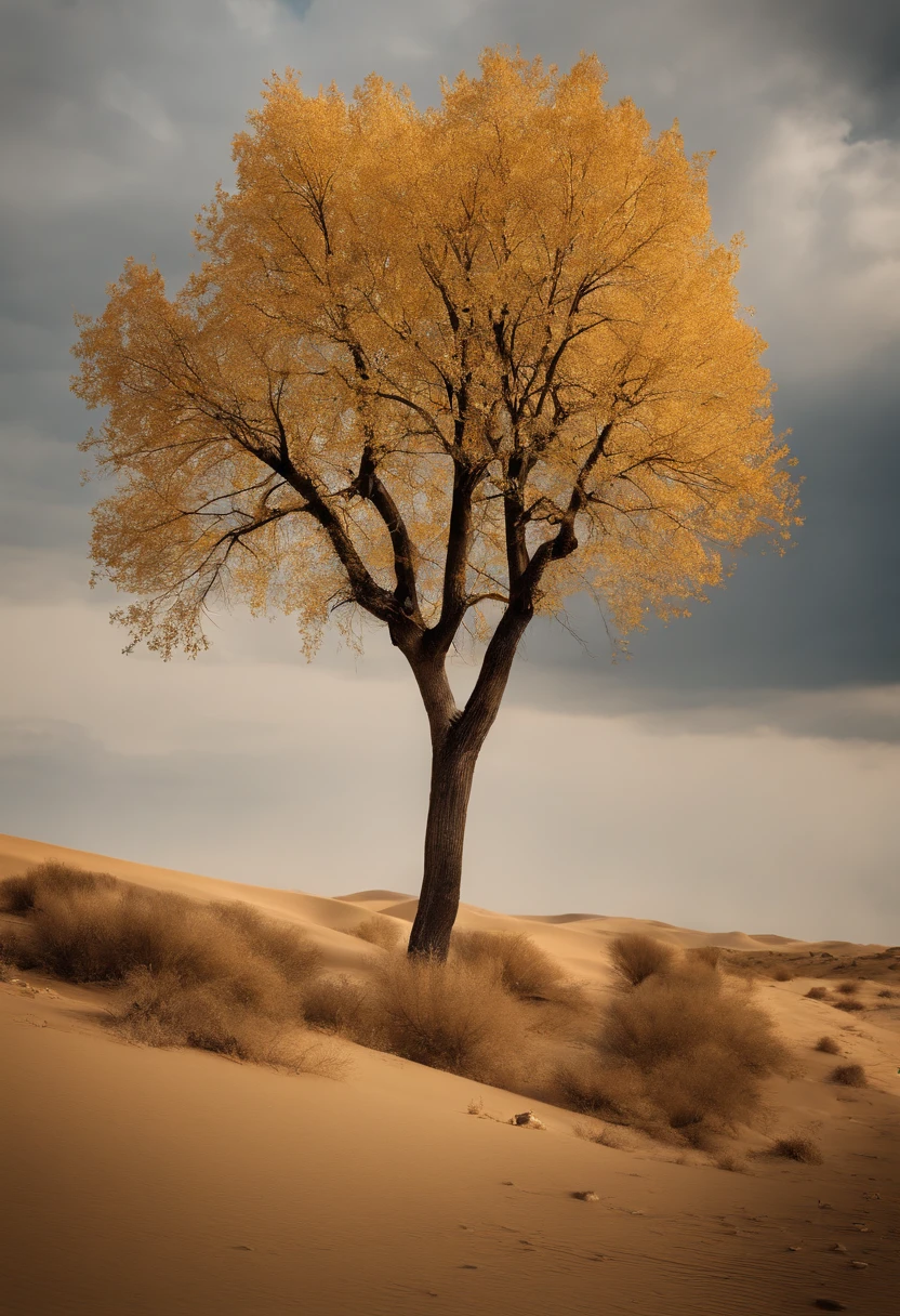 Magazine illustration,((In the desert)),A few tall ones(((Golden poplar tree:1.3))),Patches of yellow-yellow poplar forests,Poplar tree,Fallen leaves on the ground,k hd,Sony SLR lens,Master masterpieces,Cinematic lighting lighting,extreme hight detail
