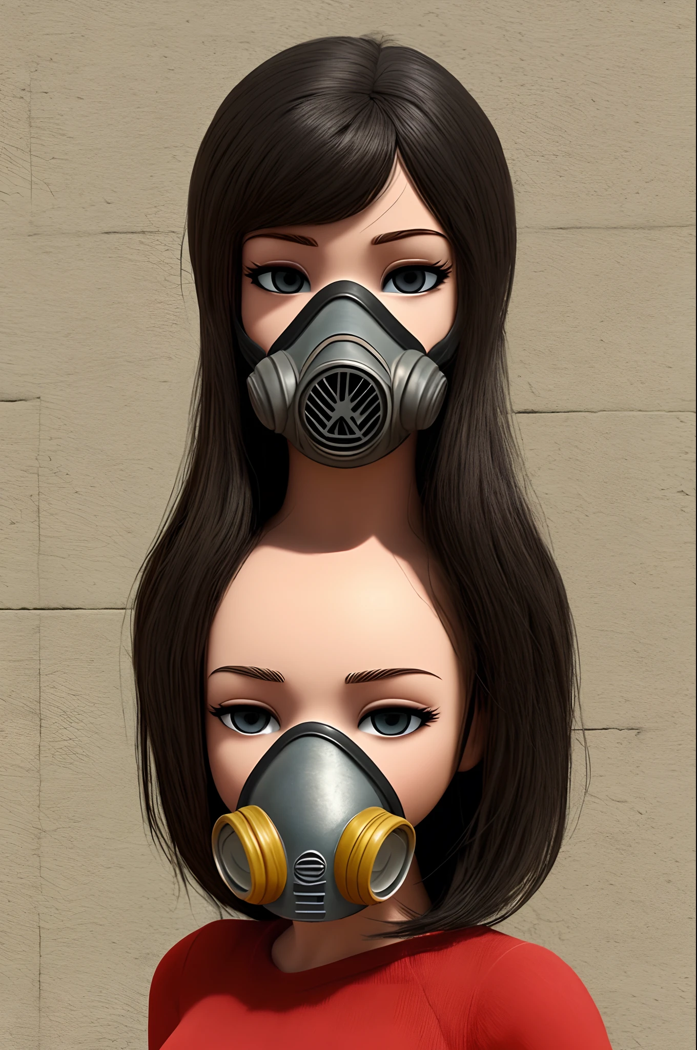 White woman in 4d animation , Disney Pixar: Similar to a human being, she is 34 years old, wears a gas mask and works with resin , Real Traces, cabelo preto liso comprido, usa blusa branca tem os olhos. Scenery Studio Pieces in Resin Keychains, e expositores de pigmentos nas paredes em tons de rosa, uma parede branca com pisca pisca. Gas mask on the face.