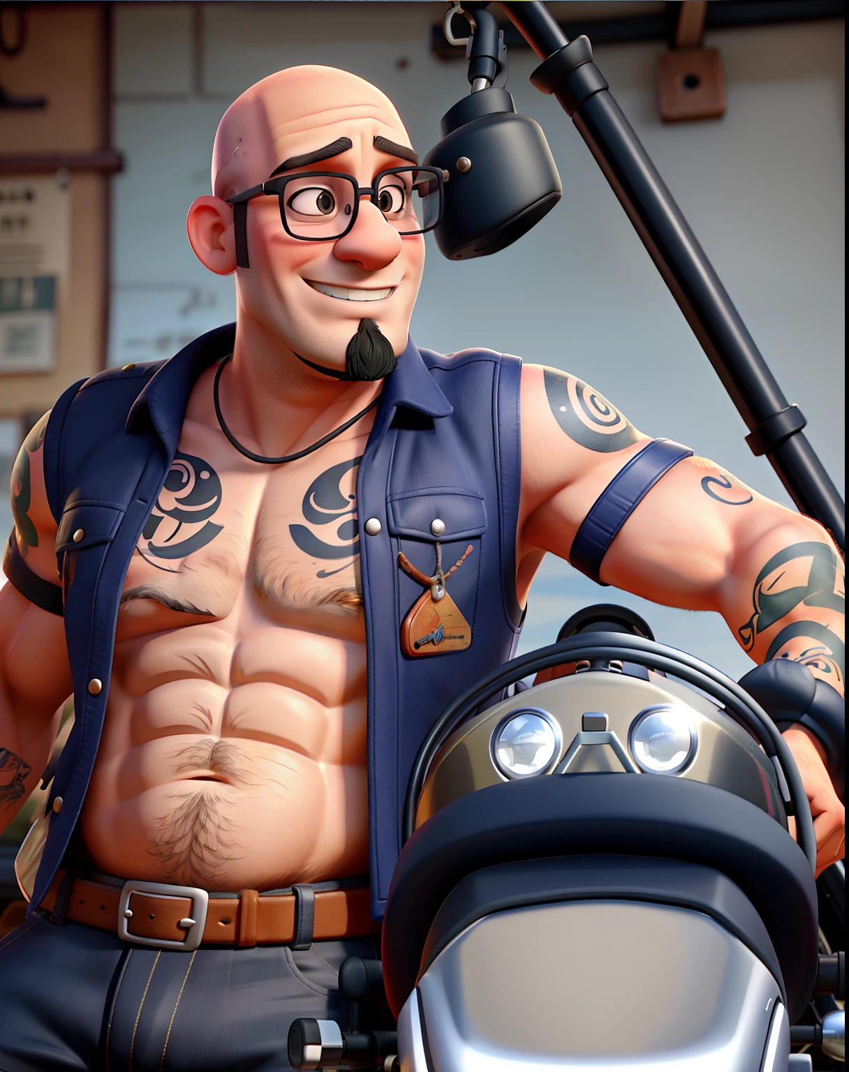 Bald pot-bellied man with glasses and goatee with tattooed arms on a motorbike