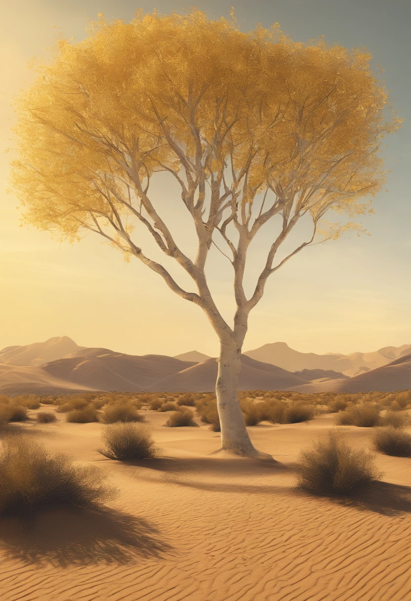 Magazine illustration，((In the desert))，A few tall ones(((Golden poplar tree：1.3)))，Patches of yellow-yellow poplar forests，Poplar tree，Fallen leaves on the ground，hyper HD，Sony SLR lens，Master masterpieces，Cinematic lighting lighting，extreme hight detail