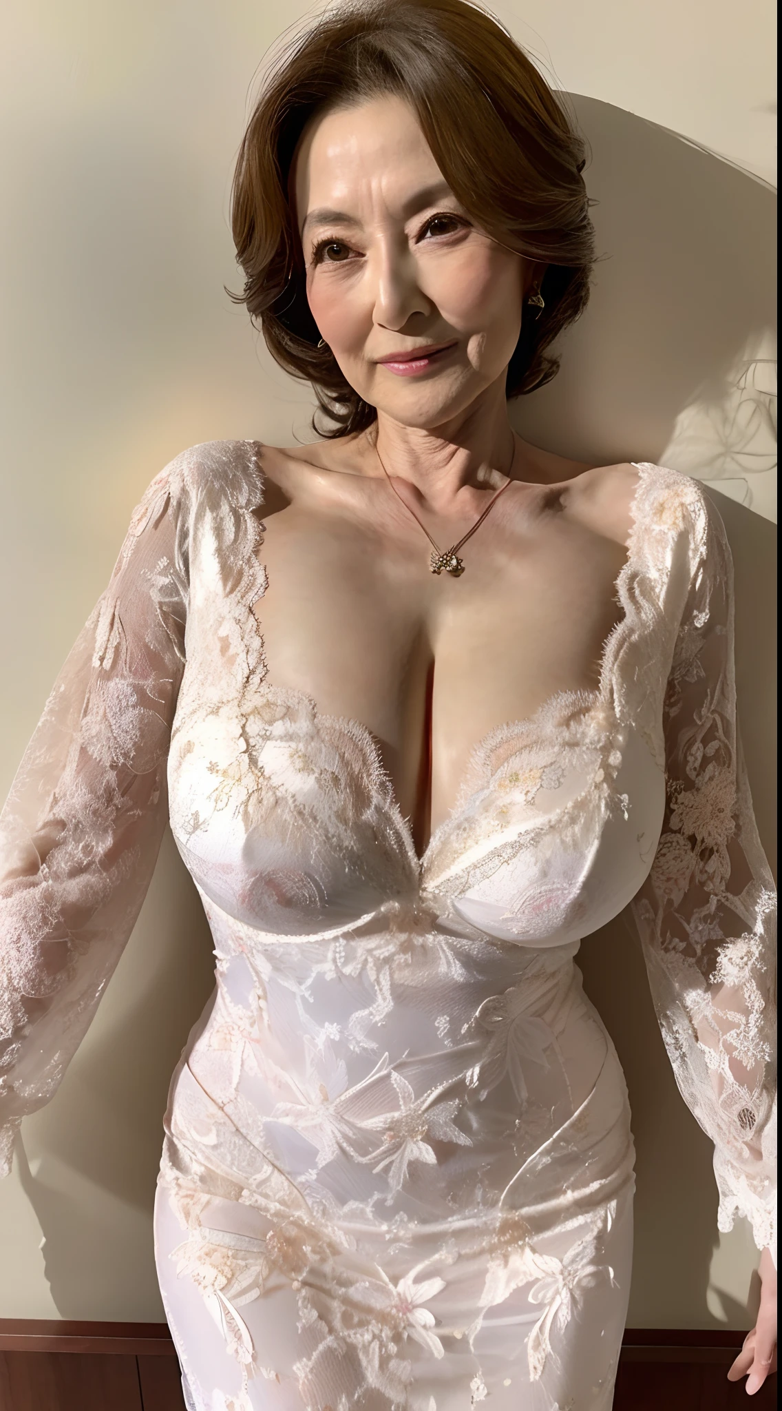 gravure, from the chest up, masutepiece, Best Quality, Ultra-detailed, Photorealistic, super detailed skin, Perfect Anatomy, (1 japanese mature woman), (Solo), 84 years old, 面長, Large breasts, Mature AV Actress, glamor, A sexy, Chromo-white skin, Looking at Viewer