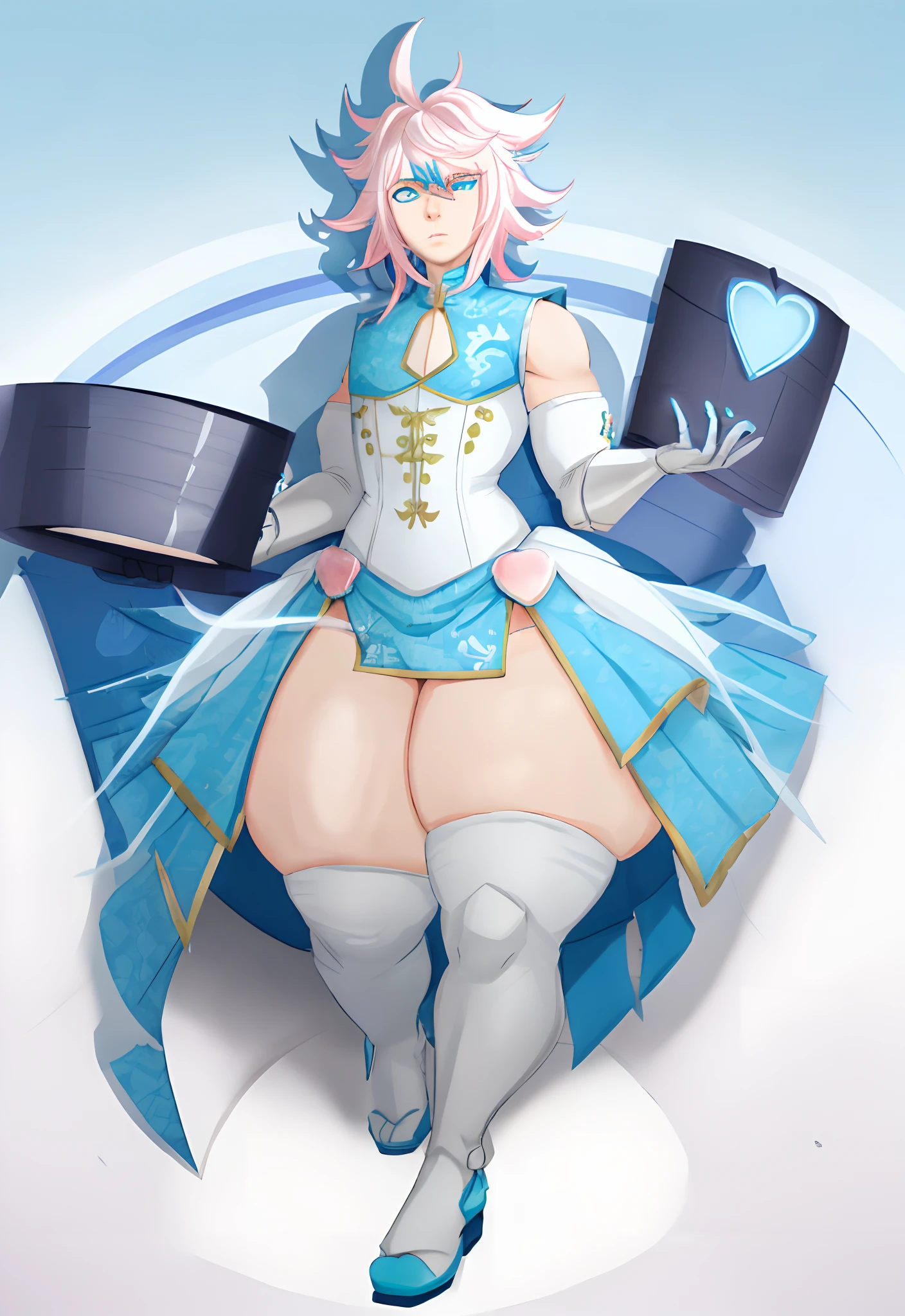 a anime styled image of a man with a large white cybernetic Hammer in his hand, he has a ((gigantic_hips)) ,(( hyper thighs,gigantic ass)) , (Short build), ((White hair with Blue and Pink Streaks)) androgynous, Femboy , Messy hair, SFW, High quality, expression( annoyed and Angered),((High quality, masterpiece High aesthetic)),(( White and cyan china dress with heart cutout))
