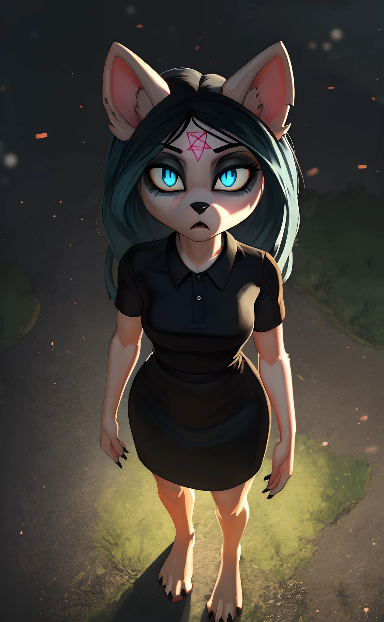 [Claire (the summoning)], [Uploaded to e621.net; (Pixelsketcher), (wamudraws)], ((masterpiece)), ((1girl)), ((solo portrait)), ((full body)), ((bird's-eye view)), ((furry; anthro)), ((detailed fur)), ((detailed shading)), ((beautiful render art)), ((cinematic lighting)), ((horror)), ((menacing)), {anthro; (slim figure), white fur, black nose, (cut on left ear), long blue hair, (bang over left eye), (pink glowing pentagram on forehead), (cute cyan cat eyes), (glowing eyes), (slit pupils), (gorgeous hips), (beautiful legs), (beautiful feet), (black claws), (expressionless)}, {(short sleeve black white-collared shirt), (tight short bodycon dress)}, {(standing), (arms at side), (looking up at viewer)}, [background; (park), (nighttime), (ambient lighting)]