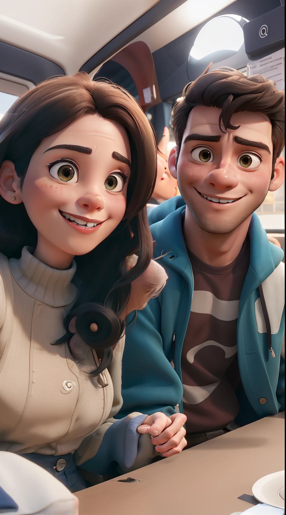 A imagem captura um homem e uma mulher sorrindo para uma foto. The couple is sitting together, dividindo a mesa e curtindo a companhia um do outro. They are sitting next to each other and the man is wearing a jacket on the chair. The atmosphere feels casual and friendly, since the couple appears to be posing for a photo, provavelmente um encontro ou um momento memoravel, estilo disney pixar, alta qualidade, melhor qualidade