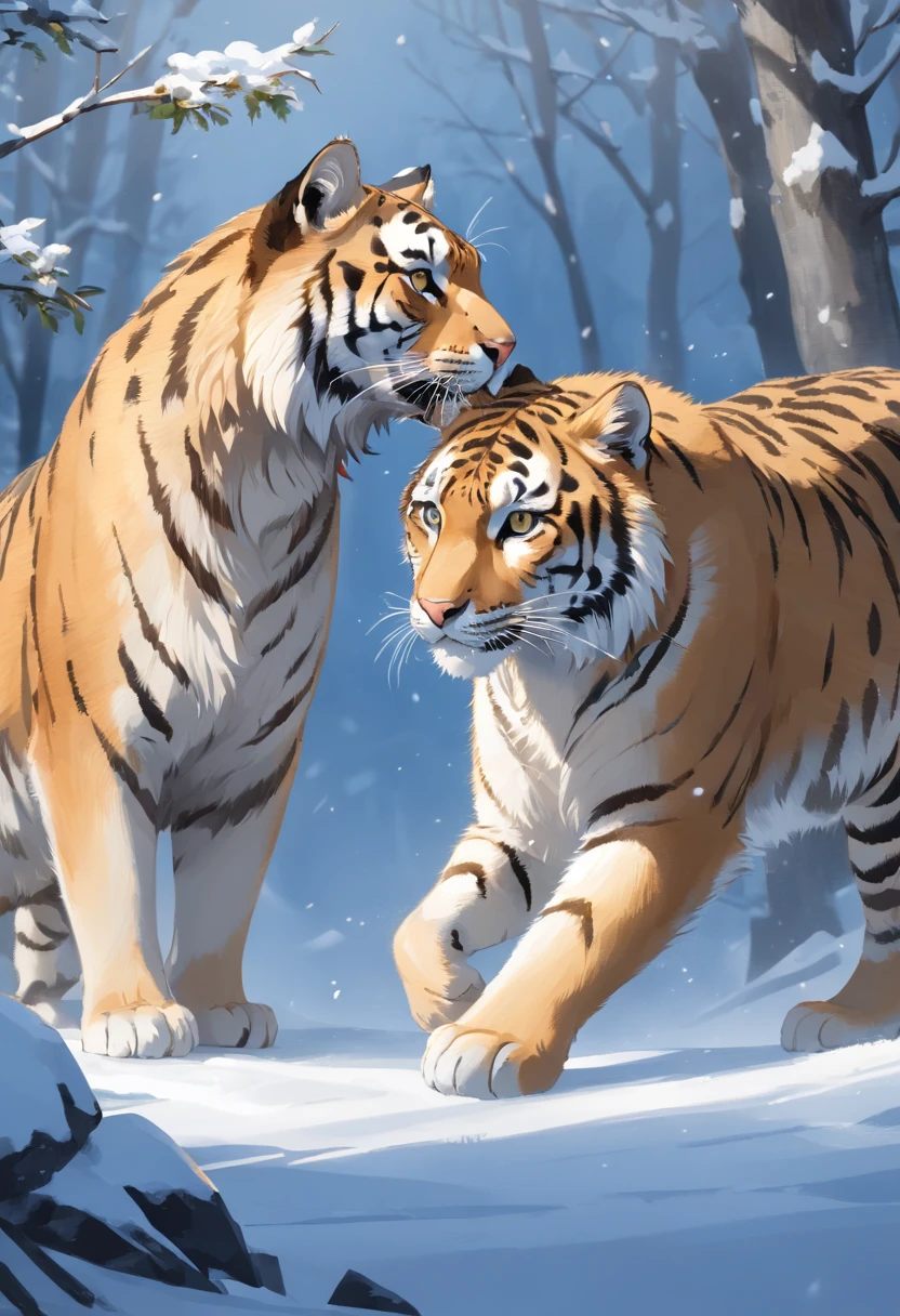 "Generate an ultra-high definition image capturing a Siberian Tiger and a snow leopard in a graceful and classic big cat pose. Utilize advanced macro photography techniques to highlight the intricate details of their fur, whiskers, and expressive eyes. They are looking at each other.

Position the camera at the Snow Leopard and Siberian Tiger’s eye levels, creating an intimate connection between the two felines. Implement a wide aperture to achieve a shallow depth of field, allowing the cat to stand out sharply against a softly blurred background.

Enhance the lighting to emphasize the textures and contours of the Siberian Tiger and Snow Leopard’s bodies, using soft, diffused lighting to eliminate harsh shadows and create a gentle, inviting atmosphere.

Capture Siberian Tiger and Snow Leopard in a relaxed but poised position, showcasing its flexibility and elegance. Experiment with capturing the moment during natural movement, such as stretching or grooming, to convey a sense of authenticity.

Implement post-processing techniques to refine the image's clarity, contrast, and color balance, ensuring that every aspect, from the their intricate patterns to its intense gaze, is rendered with breathtaking detail.

Ultimately, convey Siberian Tiger’s and Snow Leopard’s serene beauty and innate grace, capturing a fleeting moment that celebrates the unique essence of feline curiosity and poise."