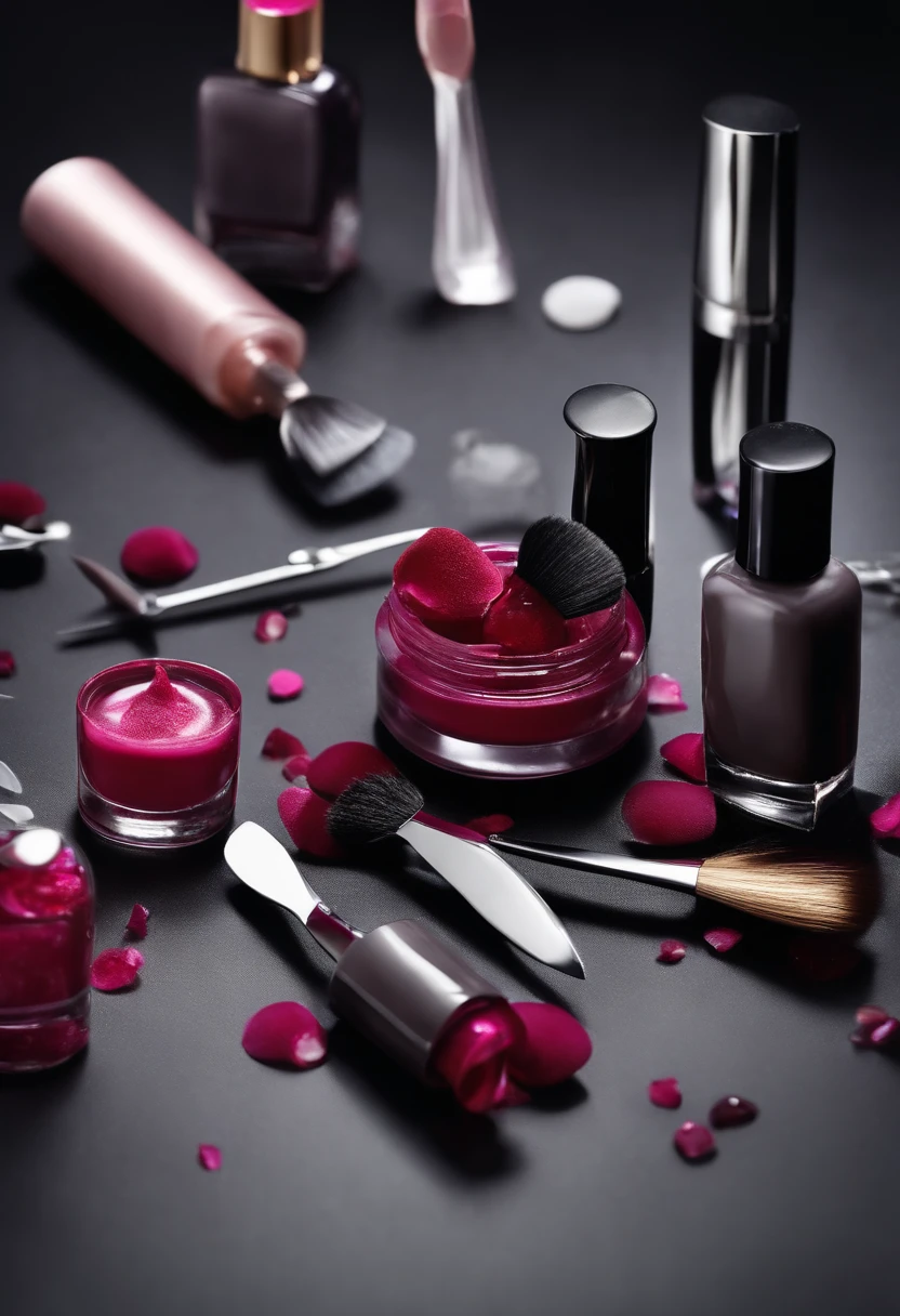 Beauty salon gray background, Nail polishes and tweezers falling into the air!