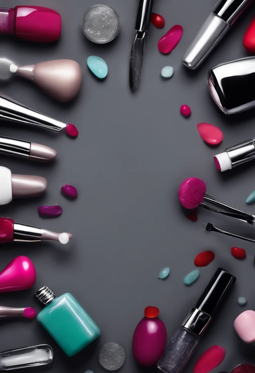 Beauty salon gray background, Nail polishes and tweezers falling into the air!