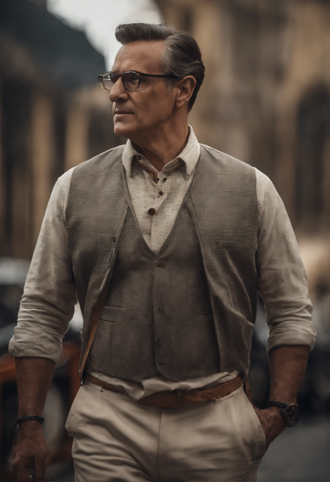 Bonito pequeno investidor masculino de 48 anos de idade, huge head, Undercut hair shot with white streaks wearing square gold thin frame glasses, olhos altamente detalhados, front-faceing, ajuste, parece um chefe, whole body view, Highly detailed hands, Technological figures, melhor qualidade, desenhos animados 3d, whole body view, fantasia, sonho, surrealismo, super bonito, trending in the artstation, Pedagogical Coordinator, administrador, gestor de pessoas, coach e hipnoterapeuta