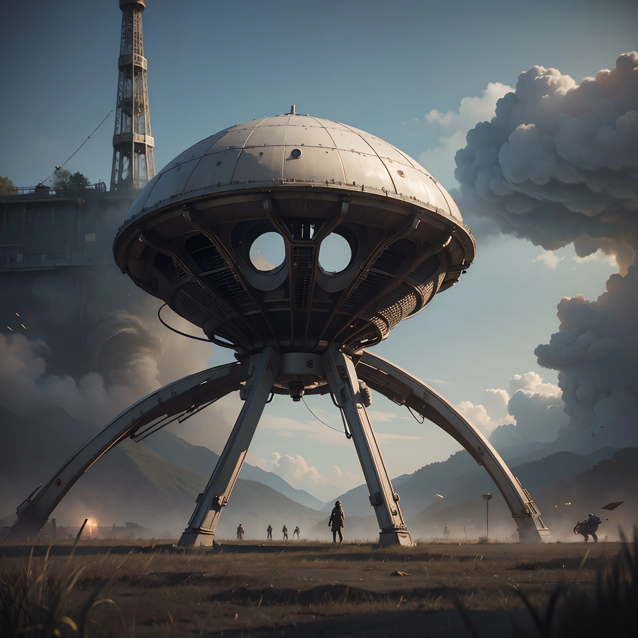 ((Top Quality, 8K, Masterpiece: 1.3)), Sharp: 1.2, War of the Worlds, H.G. Wells, Tripod, aliens, Streamline Moderne, basinet, steampunc, CANNON,