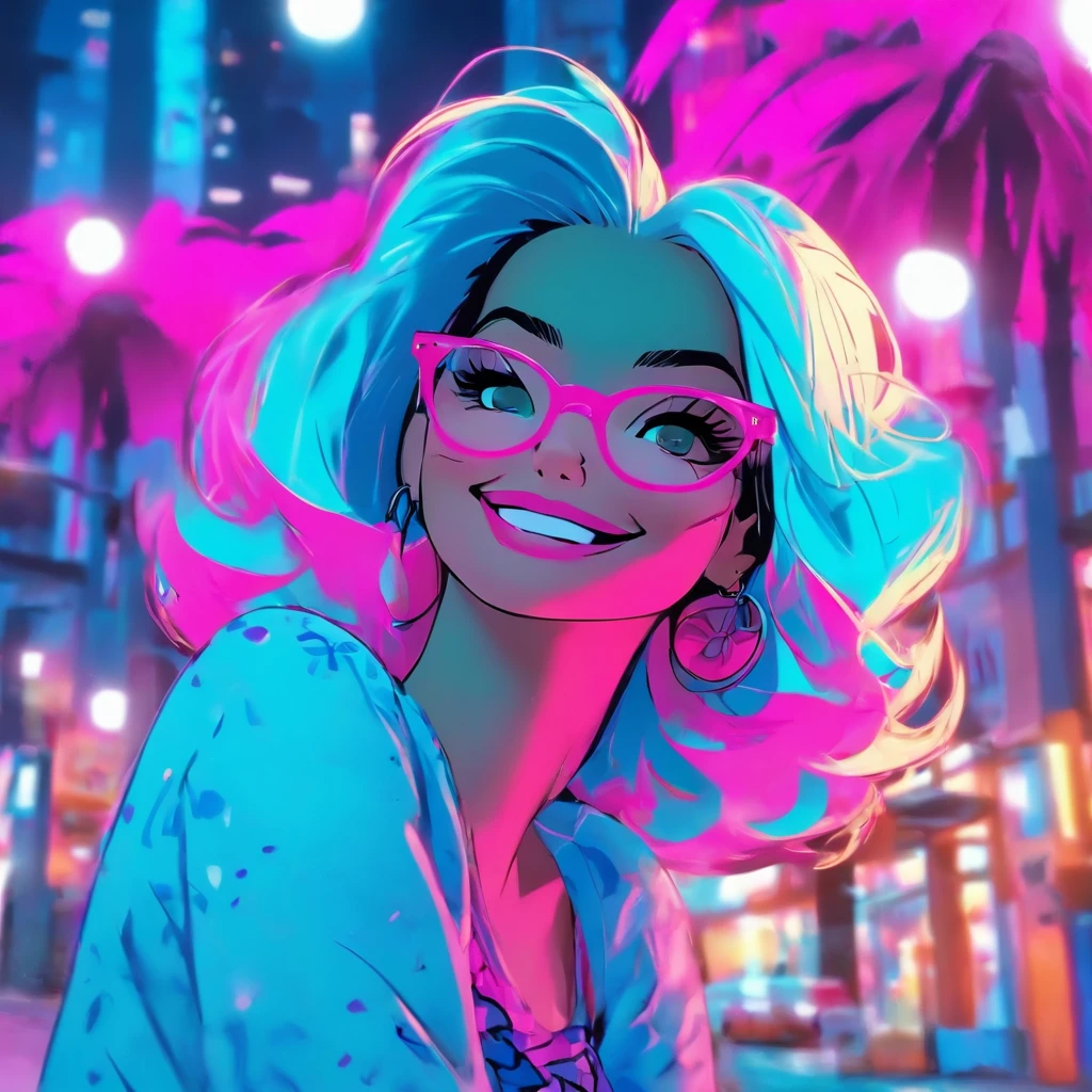 Make another scene with the same style, Barbie is now out of the perfume shop, Now she's holding a perfumery bag, Ela estava prestes a entrar no carro, your car is a Corvette C1, rosa e branco, Corveta C1, Ela usava um vestido xadrez rosa e branco，O pano de fundo mostra uma cidade com 80 estados, There are palm trees and many pink flowers. Arafed woman with blue hair and glasses smiling in a room, cabelos brilhantes azuis e roxos, cabelos azuis e roxos, com cabelos azuis, Foto de perfil do headshot, cor roxa e azul, com longos cabelos azul-turquesa, ela tem cabelo roxo, imagem profissional, bonito ligeiramente nerd sorriso, Alicia Keyn, cabelos tingidos, azul e roxo