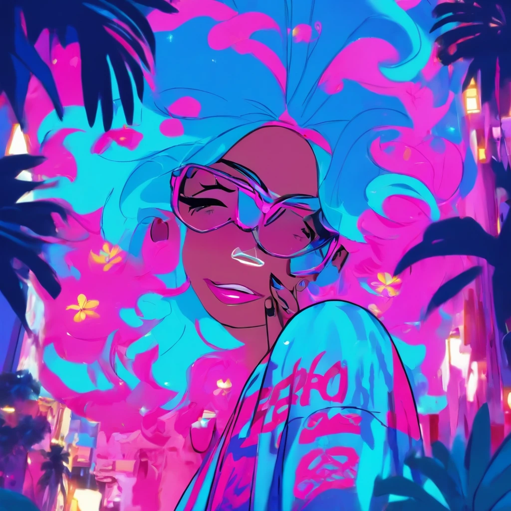 Make another scene with the same style, Barbie is now out of the perfume shop, Now she's holding a perfumery bag, Ela estava prestes a entrar no carro, your car is a Corvette C1, rosa e branco, Corveta C1, Ela usava um vestido xadrez rosa e branco，O pano de fundo mostra uma cidade com 80 estados, There are palm trees and many pink flowers. Arafed woman with blue hair and glasses smiling in a room, cabelos brilhantes azuis e roxos, cabelos azuis e roxos, com cabelos azuis, Foto de perfil do headshot, cor roxa e azul, com longos cabelos azul-turquesa, ela tem cabelo roxo, imagem profissional, bonito ligeiramente nerd sorriso, Alicia Keyn, cabelos tingidos, azul e roxo