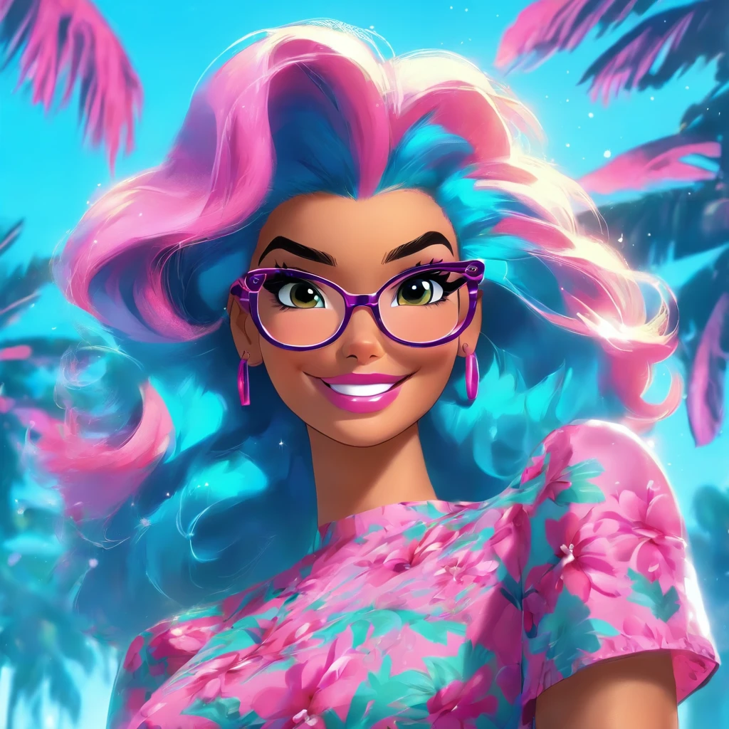 Make another scene with the same style, Barbie is now out of the perfume shop, Now she's holding a perfumery bag, Ela estava prestes a entrar no carro, your car is a Corvette C1, rosa e branco, Corveta C1, Ela usava um vestido xadrez rosa e branco,O pano de fundo mostra uma cidade com 80 estados, There are palm trees and many pink flowers. Arafed woman with blue hair and glasses smiling in a room, cabelos brilhantes azuis e roxos, cabelos azuis e roxos, com cabelos azuis, Foto de perfil do headshot, cor roxa e azul, com longos cabelos azul-turquesa, ela tem cabelo roxo, imagem profissional, bonito ligeiramente nerd sorriso, Alicia Keyn, cabelos tingidos, azul e roxo