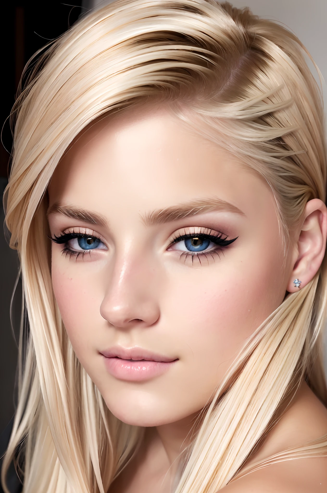 ((best quality)), ((ultra res)), ((photorealistic)), (intricate details), 19 years old, blonde hair, perfect face, make up:1.5, light on face, face detail, NAKED,