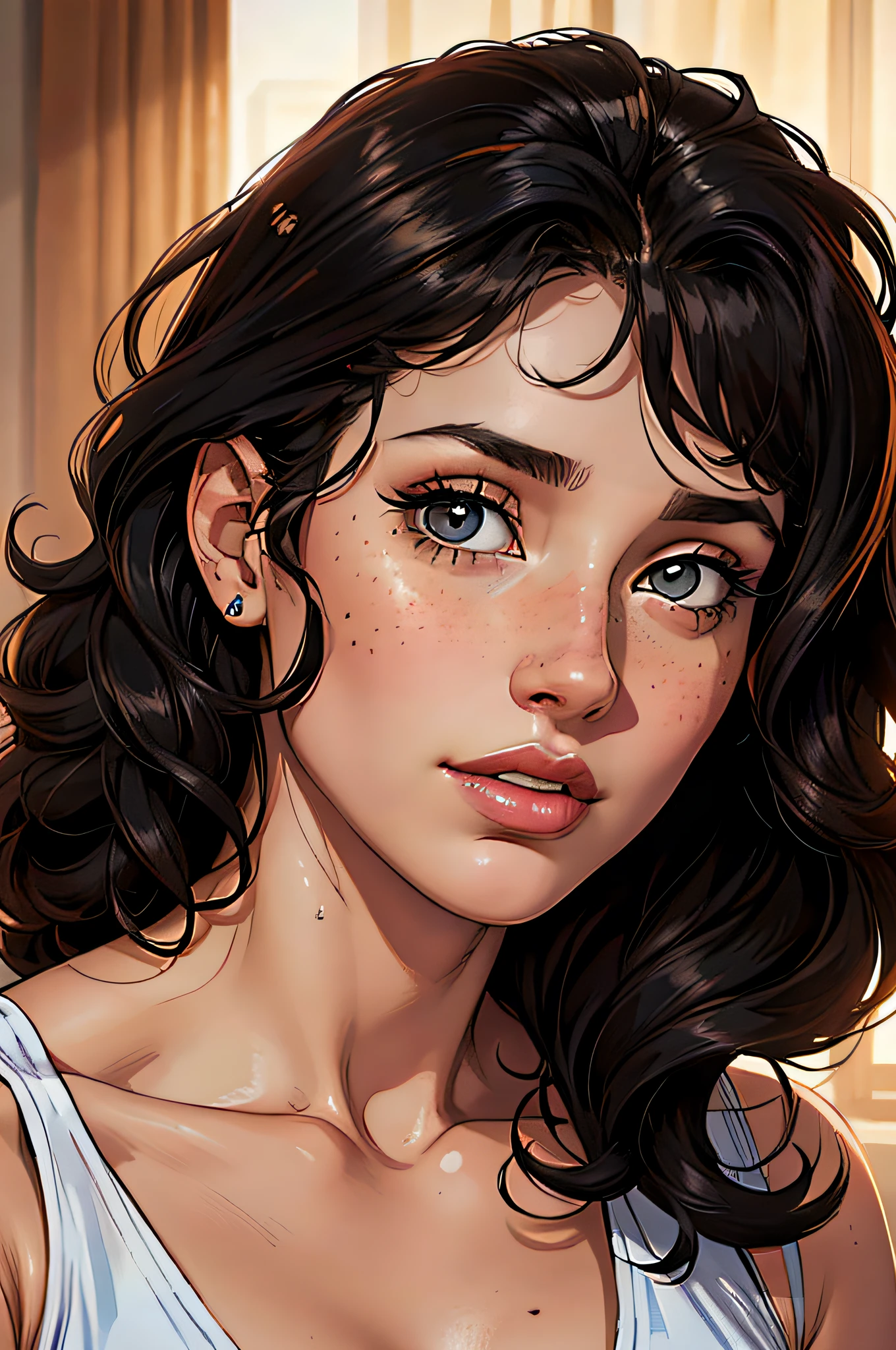 La mejor calidad, 4k, 8k, Altas Resoluciones, obra maestra, retrato, 1 girl, curly black hair, hazel eyes, pecas, piel blanca