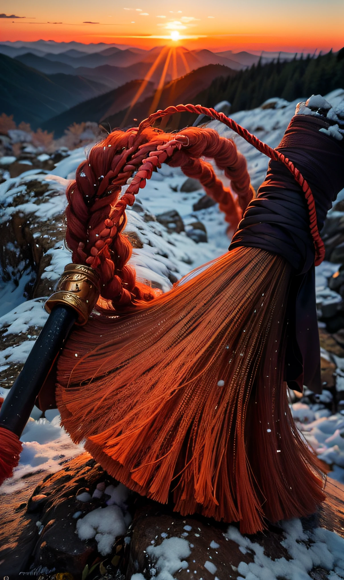 There is a broom with a handle on a rock in nature, Corpo de Bombeiros, Floggers, inspired by Kanō Hōgai, cabelos longos de fogo, demon tail, vassoura, scorpion whip, long braided orange red hair, inspired by Kanō Sanraku, Rurouni Kenshin, brandindo naginata haldberds, natureza, nature,