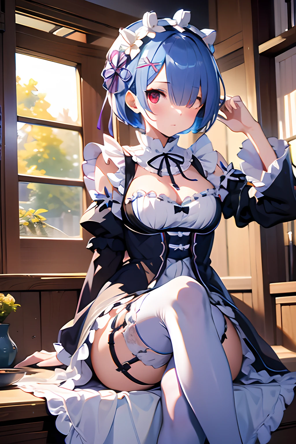巨作, Best Quality, highres, Ram1, 1girl, 独奏, Reem \(re:zero\), blue hair, white thighhighs, short hair hair, red eyes, hair over one eye, Trim tape, Hair Ribbon, x hair decoration, frills, maid headdress, waist apron, garter straps, black ribbon, medium breasts, cleavage, long-sleeved, white apron, Neck strap, Purple ribbon, wide sleeves, hair flower, indoors, sitting, crossed legs,