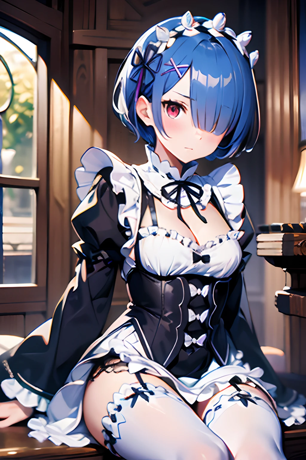 巨作, Best Quality, highres, Ram1, 1girl, 独奏, Reem \(re:zero\), blue hair, white thighhighs, short hair hair, red eyes, hair over one eye, Trim tape, Hair Ribbon, x hair decoration, frills, maid headdress, waist apron, garter straps, black ribbon, medium  breasts, cleavage, long-sleeved, white apron, Neck strap, Purple ribbon, wide sleeves, hair flower, indoors, sitting, crossed legs,