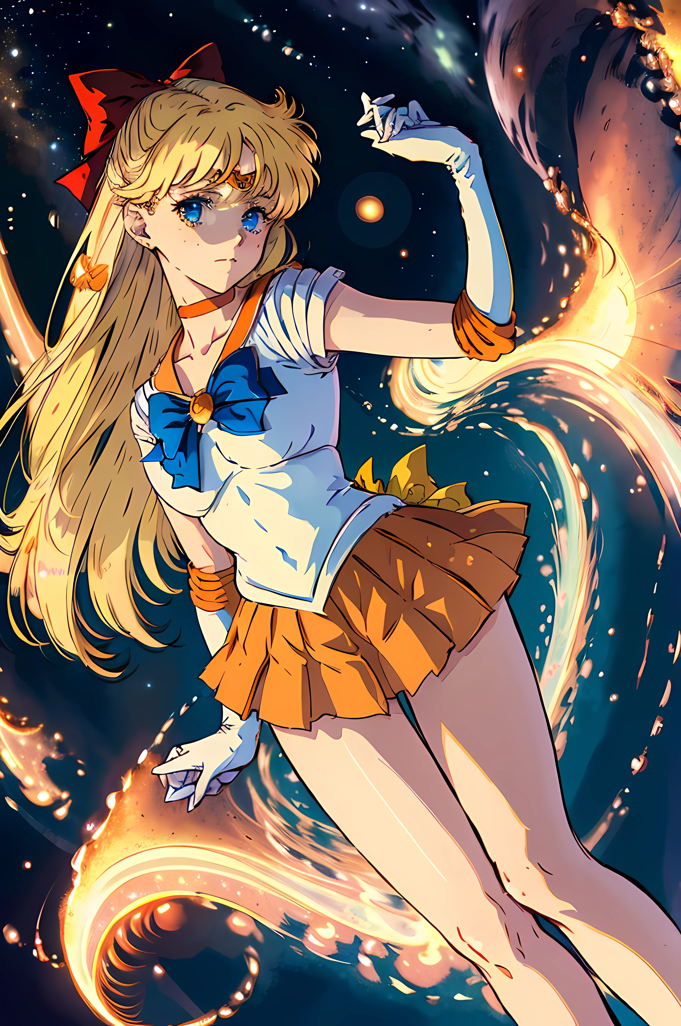 masterpiece, best quality, highres, SV1, senshi sailor uniform, orange skirt, elbow gloves, tiara, pleated skirt, miniskirt, red bow, orange choker, white glove, faint smile, looking at the viewer, starry sky, front view, portrait