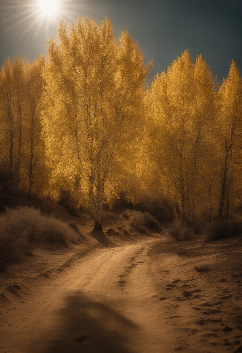 Magazine illustration，((In the desert))，Patches of yellow-yellow poplar forests，A few tall ones(((Golden poplar tree：1.5)))，Poplar tree，Fallen leaves on the ground，k hd，Sony SLR lens，Master masterpieces，Cinematic lighting lighting，extreme hight detail
