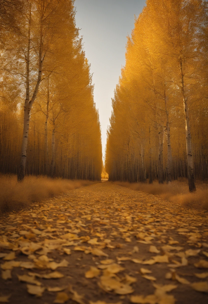 Magazine illustration,((In the desert)),Patches of yellow-yellow poplar forests,A few tall ones(((Golden poplar tree:1.5))),Poplar tree,Fallen leaves on the ground,k hd,Sony SLR lens,Master masterpieces,Cinematic lighting lighting,extreme hight detail