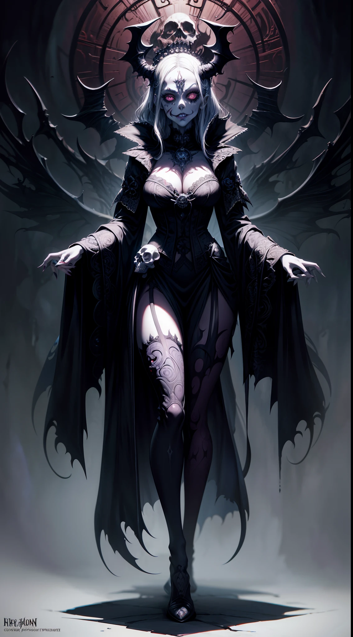 Image of a skeleton sitting on a stone throne, In the old castle, A complete but very old skeleton, (Realistic picture, highest resolution, 16ก), (A demon with wide wings and immense power on her shoulders., Twelve wings on the shoulders., Three black bat wings:1.5 , 3 white angel wings:1.5), Has 100 wings on the shoulders, There are 1000 wings that flow., Twelve wings on the shoulders., black bat wings:1.3 white angel wings:1.5), 6 angel wings, 6 devil wings, ((Small pieces of armor), The horns that grow out of the skull like a crown, Resolution 4000 x 2250 pixels, beautiful gesture, Angel wings and devil wings, (Realistic picture, highest resolution, 16K), (RAW shooting:1.5, realistic:1.5, Fantasyมืด:1.5, 8ก), (Highest quality, Masterpiece, Ultra high resolution), The Desolated Demon World, ((Perfect dynamic composition:1.7, A mole on the bone that looks like a tattoo:1.6)), Six pairs of large wings, Large devil wings, The size of the devil's wings, Amazing wings, Female skeleton with wing bones, Interior scene of an ancient castle, castle ruins, Skeleton of the Demon God, Magic, magic, Fantasy,
