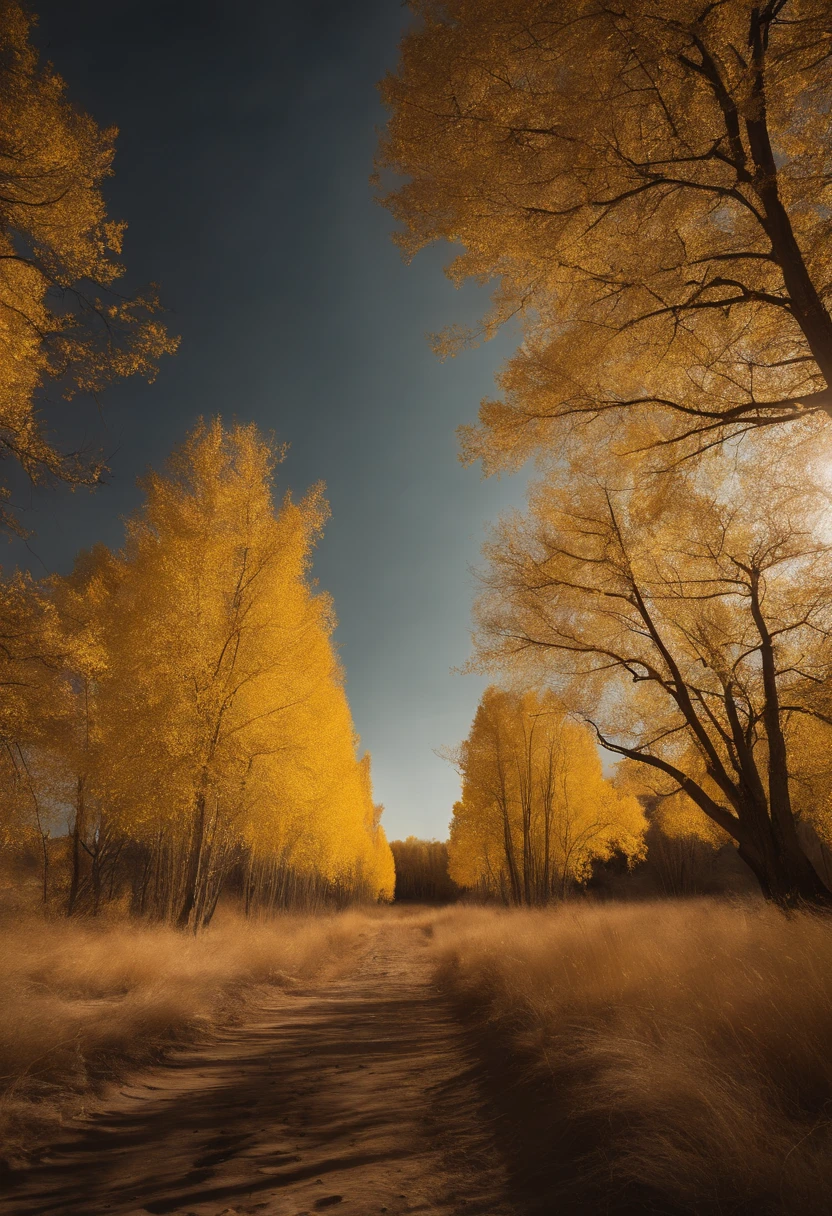 Magazine illustration，((In the desert))，Patches of yellow-yellow poplar forests，A few tall ones(((Golden poplar tree：1.5)))，Poplar tree，Fallen leaves on the ground，k hd，Sony SLR lens，Master masterpieces，Cinematic lighting lighting，extreme hight detail