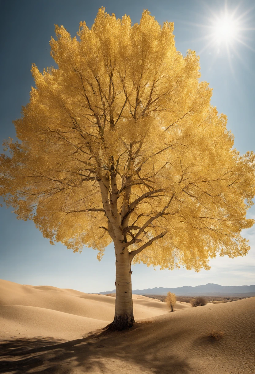 Magazine illustration，((In the desert))，Patches of yellow-yellow poplar forests，A few tall ones(((Golden poplar tree：1.3)))，Dried poplar trees，Fallen leaves on the ground，k hd，Sony SLR lens，Master masterpieces，Cinematic lighting lighting，extreme hight detail
