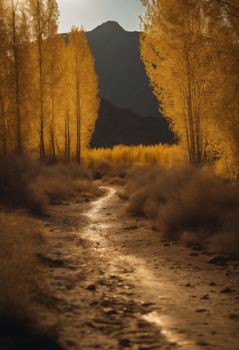 Magazine illustration,((In the desert)),Patches of yellow-yellow poplar forests,A couple of small puddles,A few tall ones(((Golden poplar tree:1.3))),Poplar tree,Fallen leaves on the ground,k hd,Sony SLR lens,Master masterpieces,Cinematic lighting lighting,Extreme detail is warming up