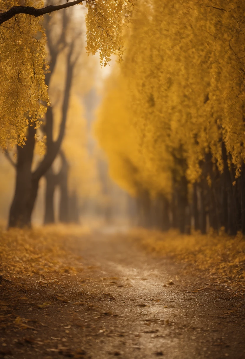Magazine illustration，((In the desert))，Patches of yellow-yellow poplar forests，A couple of small puddles，A few tall ones(((Golden poplar tree：1.3)))，Poplar tree，Fallen leaves on the ground，k hd，Sony SLR lens，Master masterpieces，Cinematic lighting lighting，Extreme detail is warming up