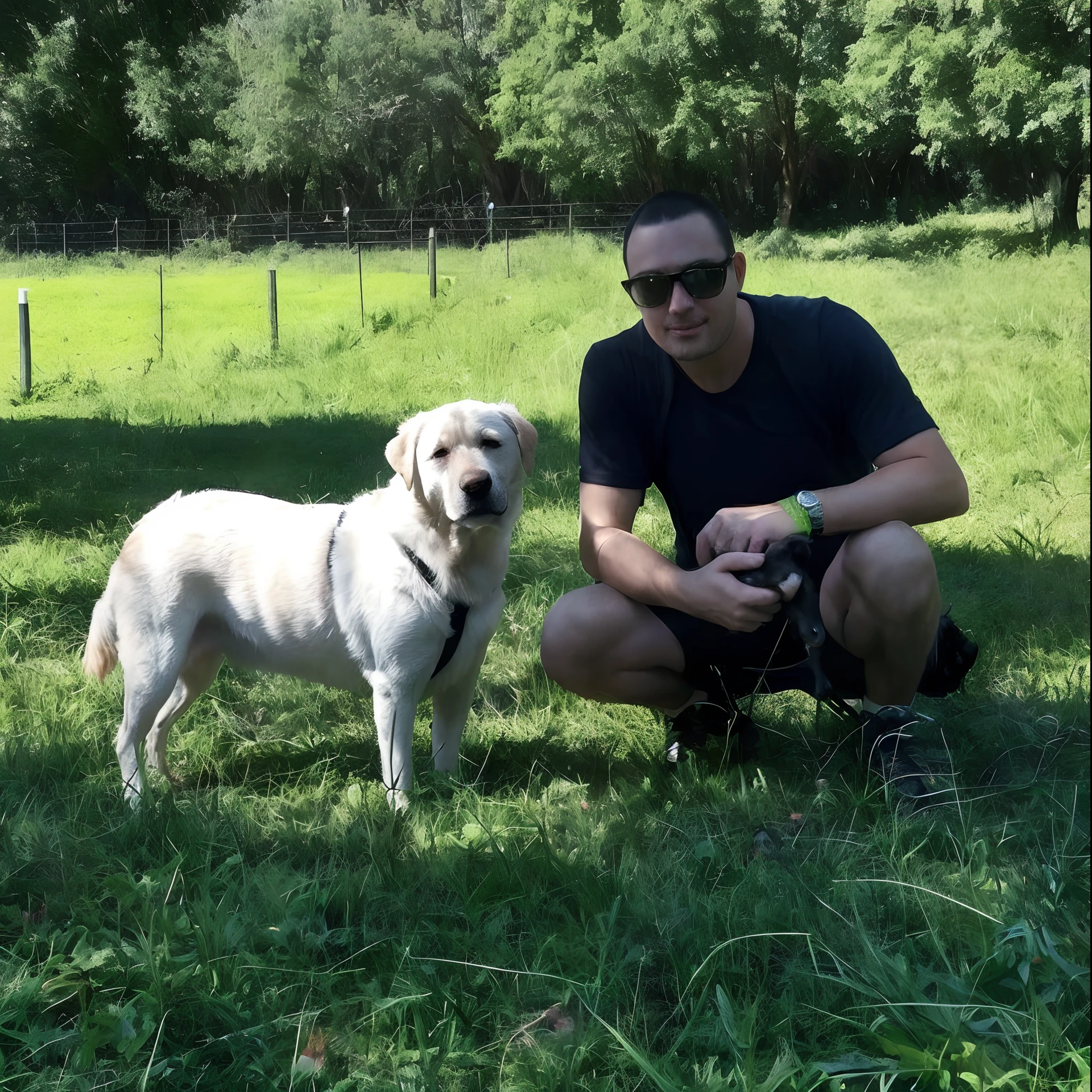 there is a man kneeling down with a dog in the grass, lab in the background, with his hyperactive little dog, by Dicky Doyle, pet, john picacio and brom, bowater charlie and brom gerald, with dogs, at the park, male, shaded, at a park, walking at the park, dog, 2 5 yo, help me