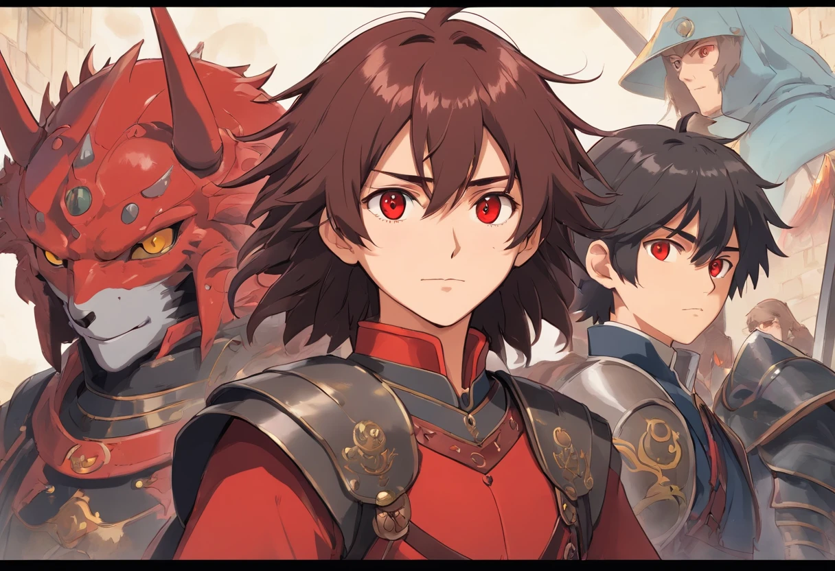 1boys, cabelos preto e longos, Wearing antique Han clothes,brunette color hair, red eyes, 8K, War, Black and red knight armor,