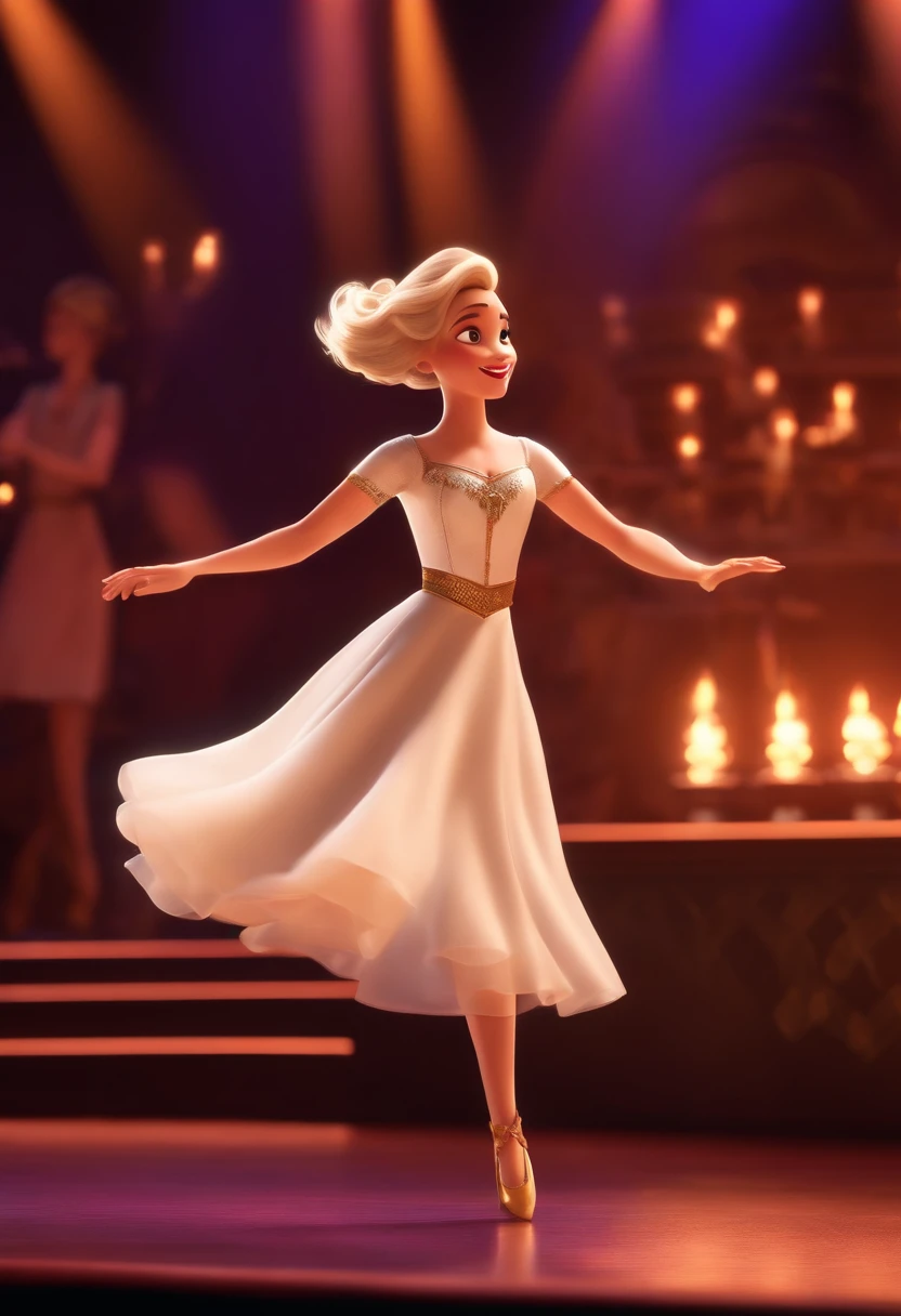 Magem Pixar Style with 3D Character Brunette Woman Highlighted Hair Blonde White Medium Straight Hair Dancing on Stage Disney