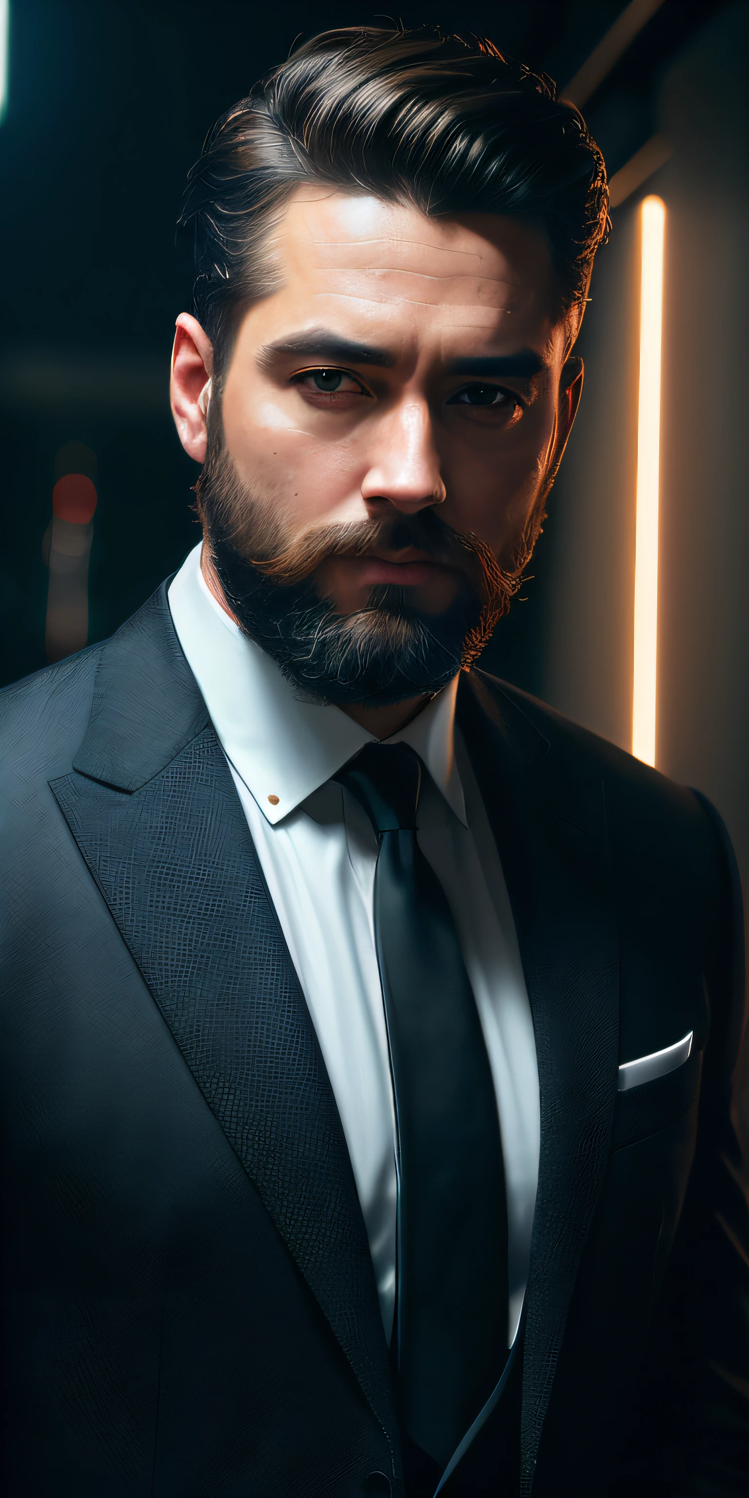 (Man wearing white suit without tie), ), (wearing beard,) attractive and serious look, short dark hair, stylish and elegant, shaved and strong body fitted in the suit, show body, (high quality and realistic image), in the background of an elegant office, cinematic style, ((Best quality, 8k, Masterpiece)., photorealistic, photo, masterpiece, realistic, realism, photorealism, high contrast, photorealistic digital art trending on Artstation 8k HD high definition detailed realistic, detailed, skin texture, hyper detailed, realistic skin texture, armature, best quality, ultra high res, (photorealistic:1.4),, high resolution, detailed, raw photo, sharp re, by lee jeffries nikon d850 film stock photograph 4 kodak portra 400 camera f1.6 lens rich colors hyper realistic lifelike texture dramatic lighting unrealengine trending on artstation cinestill 800,
