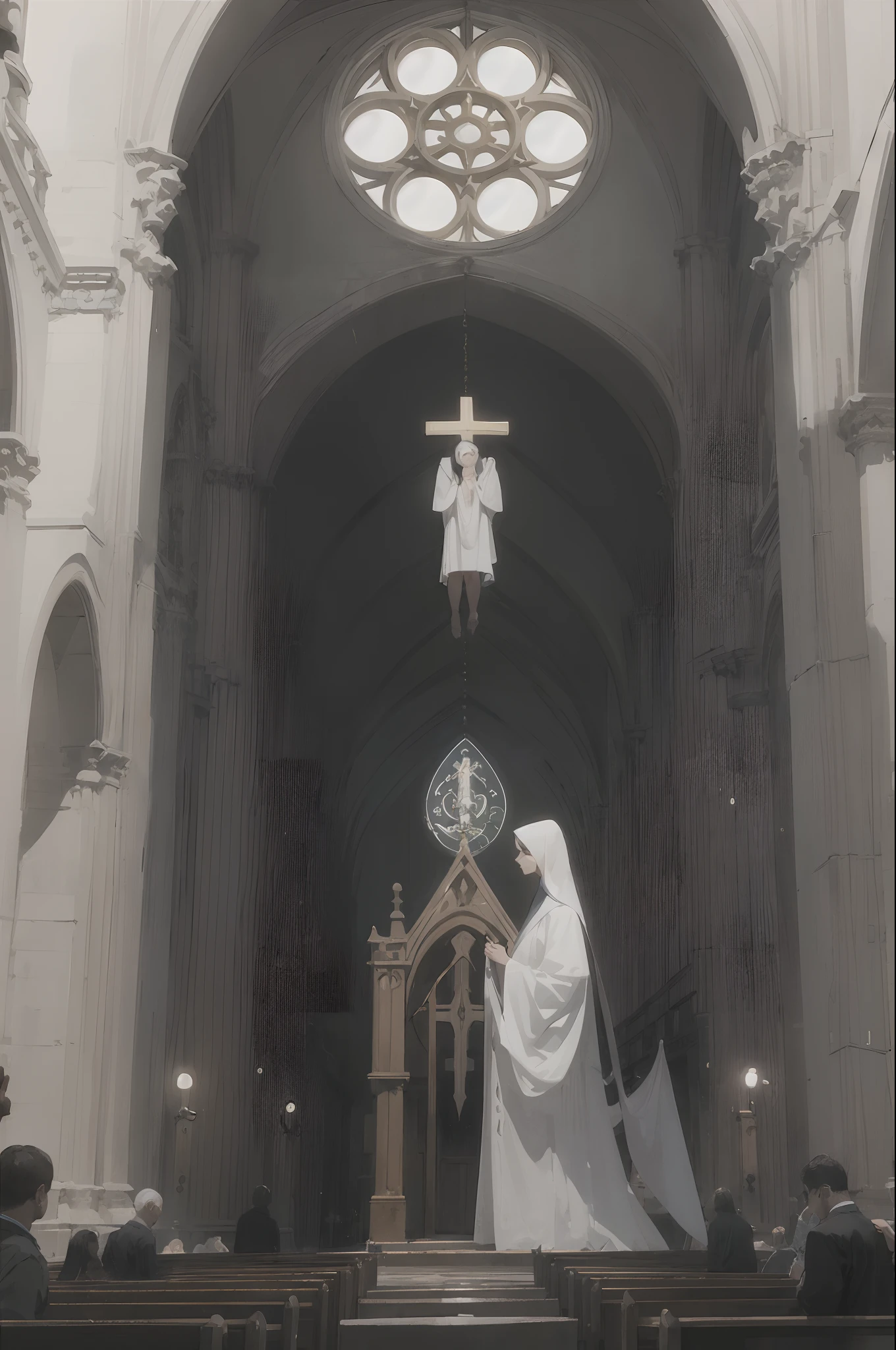 Uma mulher parda orando em frente a uma cruz inluminada pela luz da janela da igreja