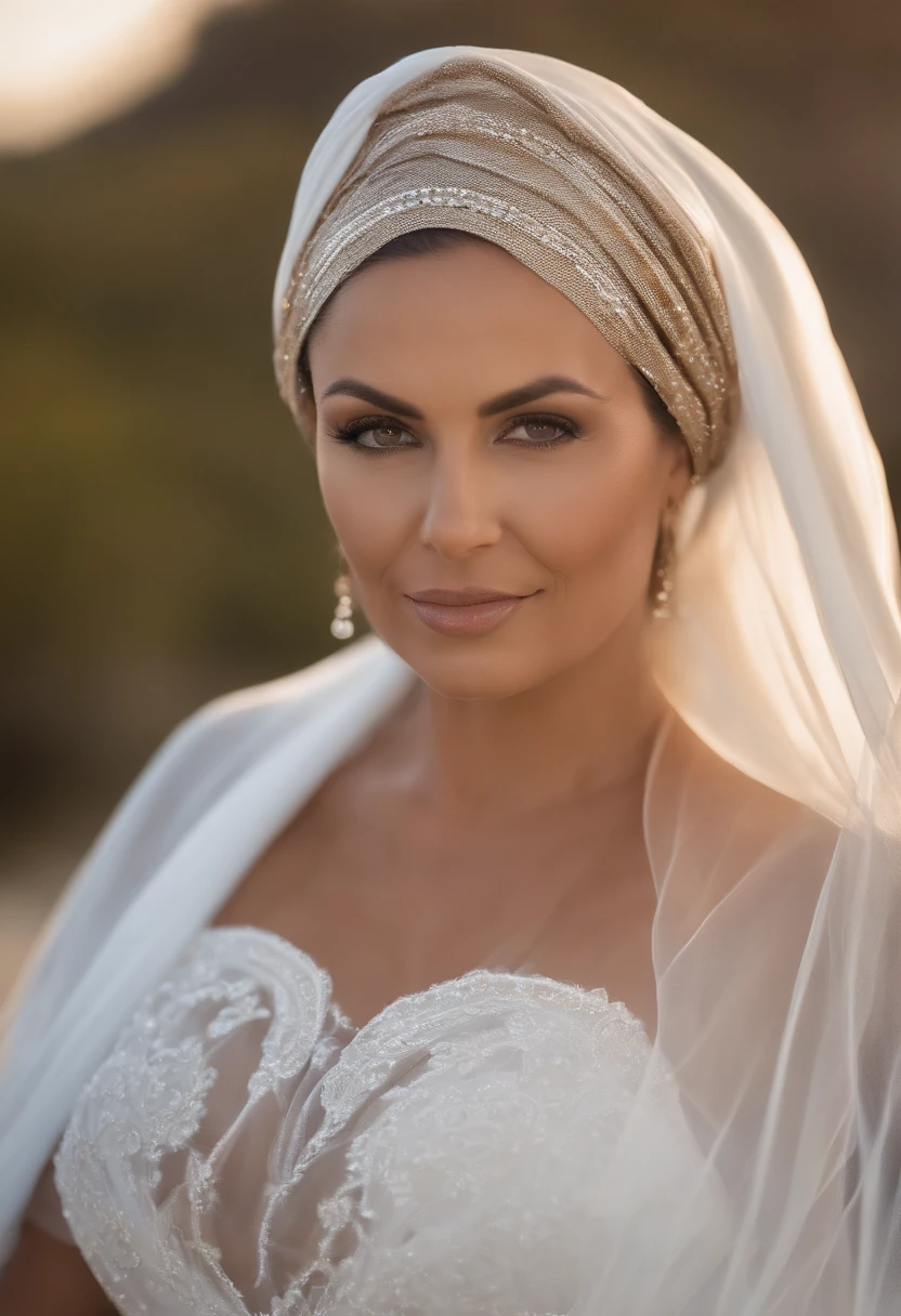 Cinematic soft lighting illuminates a beautiful, mulher brasileira de 43 anos, cabelos ao vento castanhos dourados ondulados, com saia longa branca, camiseta branca, usando turbante branco, usando fios de contas azul claro, praticando yoga de frente para o mar, na praia em um dia de sol. Octane is the perfect tool to capture the softest details of this 16k photographic masterpiece.