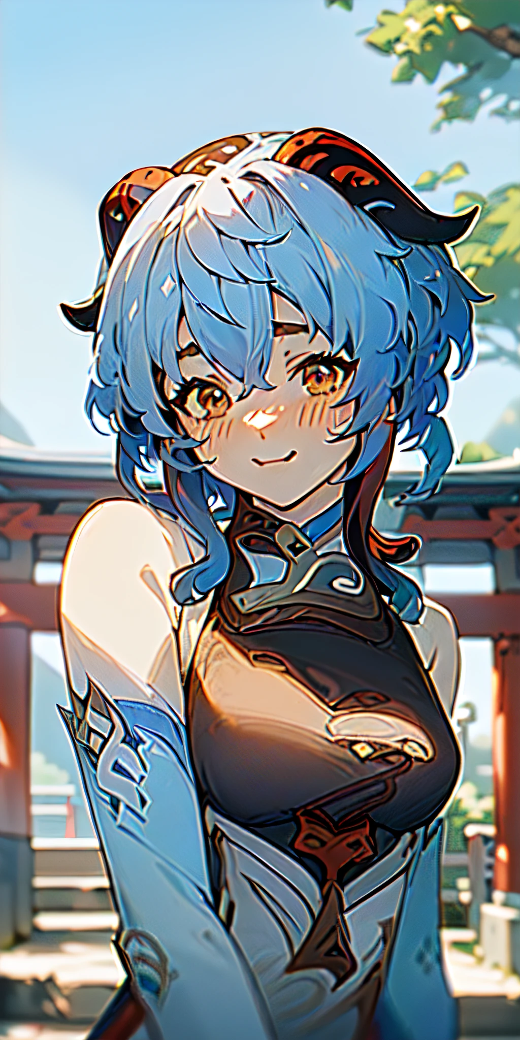 best quality, high quality, masterpiece, absurdres, incredibly detailed, UHD, cel shading,
BREAK
1girl, ganyu_\(genshin_impact\), smile, open mouth, blue_hair, breasts, long_hair, detached_sleeves, bell, horns, gloves, bare_shoulders, bangs, gold_trim, looking_at_viewer, purple_eyes, white_sleeves, sidelocks, ahoge, thighlet, black_gloves, white_flower, neck_bell, medium_breasts, beautiful, mystical, introverted, thoughtful, knowledge, wisdom, Liyue Harbor, serene nature, traditional attire, <lora:ganyu2:0.8>,
BREAK
Ganyu from Genshin Impact is depicted with her characteristic blue hair and horns, embodying a beautiful and mystical appearance. Her calm expression reflects her introverted and thoughtful nature, while her eyes reveal a depth of knowledge and wisdom. The background showcases the landscape of her hometown, Liyue Harbor, along with the serene beauty of nature. Her attire reflects the traditional style of Liyue, with shades of blue and white, emphasizing her gentle personality. Ganyu is holding her unique bow, and her composed stance suggests an underlying strength,
BREAK
rich color palette, vivid colors, natural color grading, Sophisticated Color Scheme, Saturated Colors, Complex Color Layering, Evocative Color Schemes, Luxurious Color Palette, sharp contrast, digital painting quality, Advanced Digital Techniques, cinematic quality, Dynamic Lighting, Enhanced Lighting Effects, subtle shadows, Complex Shading, Immersive Depth, Advanced Rendering, High-End Artistic Rendering, Elegant Composition, Cinematic Composition and Framing, Dynamic Lighting, Depth of Field, Depth and Perspective, dynamic angle, Gallery-Worthy Visuals, Artistic Depth and Dimension, film grain, FujiFilm XT4, taken by Tim Walker,  <lora:xl_more_art-full_v1:1.0>,