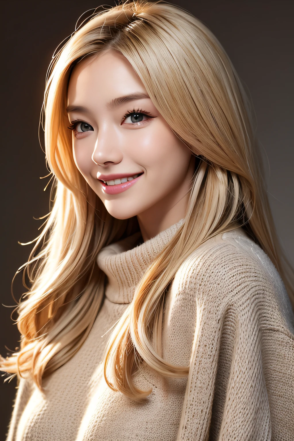 Portrait of model woman with blonde hair in warm designer sweater, In the style of branded clothes, Sweater in full view, Panasonic GH5, happy expressions, low key image, Sharp textures - images #2 @Surence Sleng、With smiling eyes