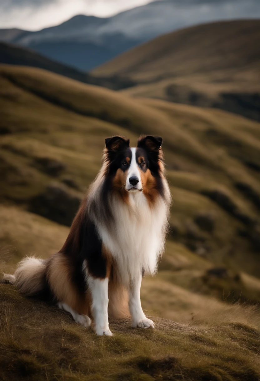 There's a handsome man with big brown hair, Standing on a mountain, pasto com vacas fundo, com pasto ao fundo, montanhas no fundo, No topo da montanha, No topo da montanha, vestindo camisa, pants, bota, Personagem mascote border collie, fronta