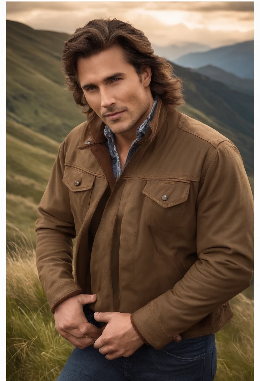 There's a handsome man with big brown hair, Standing on a mountain, pasto com vacas fundo, com pasto ao fundo, montanhas no fundo, No topo da montanha, No topo da montanha, vestindo camisa, pants, bota, Personagem mascote border collie, fronta