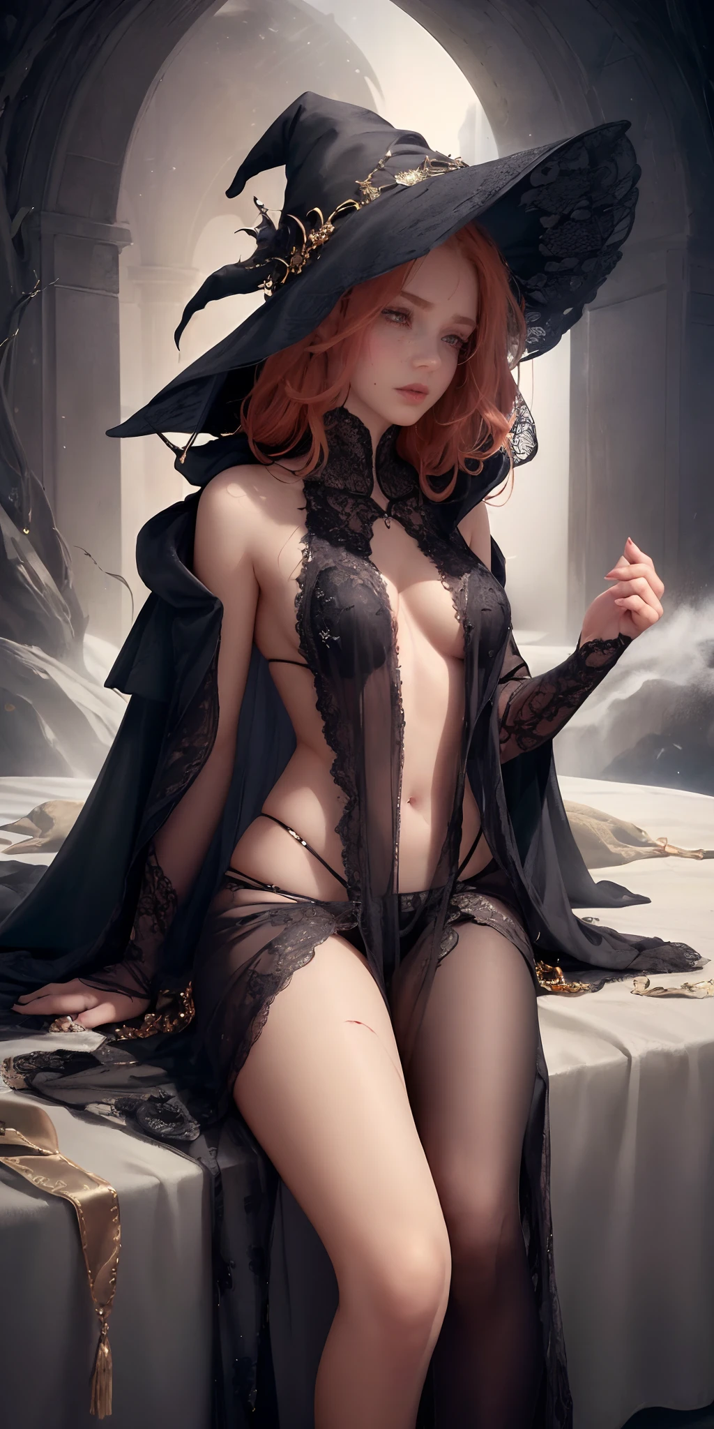 (best quality, masterpiece:1.2), photorealistic, ultra high res, front lighting, intricate detail, Exquisite details and textures, abstract, motion blur, bokeh, fantasy setting, low camera angle, (detailed eyes:1.3), (detailed body:1.3), (detailed face:1.3), (perfect hands:1.3) (1girl, witch, flowing ginger hair, dirty skin, long hooded cloak, bare leg, exposed shoulder, angry expression), white background, face highlight, sexy, seductive, smooth thigh, pale skin, beautiful detailed eyes, beautifully detailed face, red glow, shadows, starry, strry light, night, blood moon, magic, sky, night sky, black myst, corruption