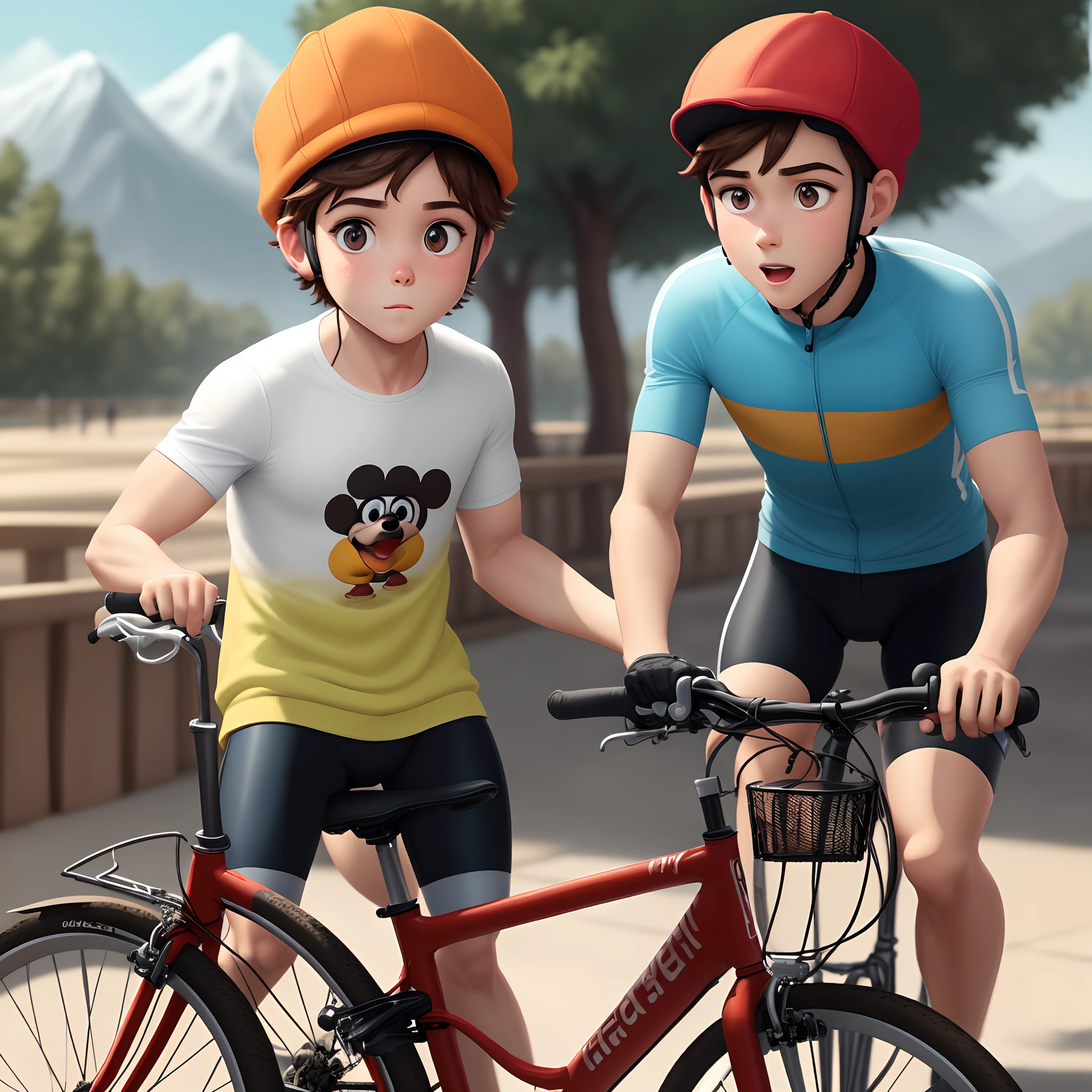 Crie um personagem no estilo Disney Pixar de um menino ciclista, com capacete branco e roupa preta numa bicicleta de montain bike, He is brown with square eyes and a straight nose and small ears