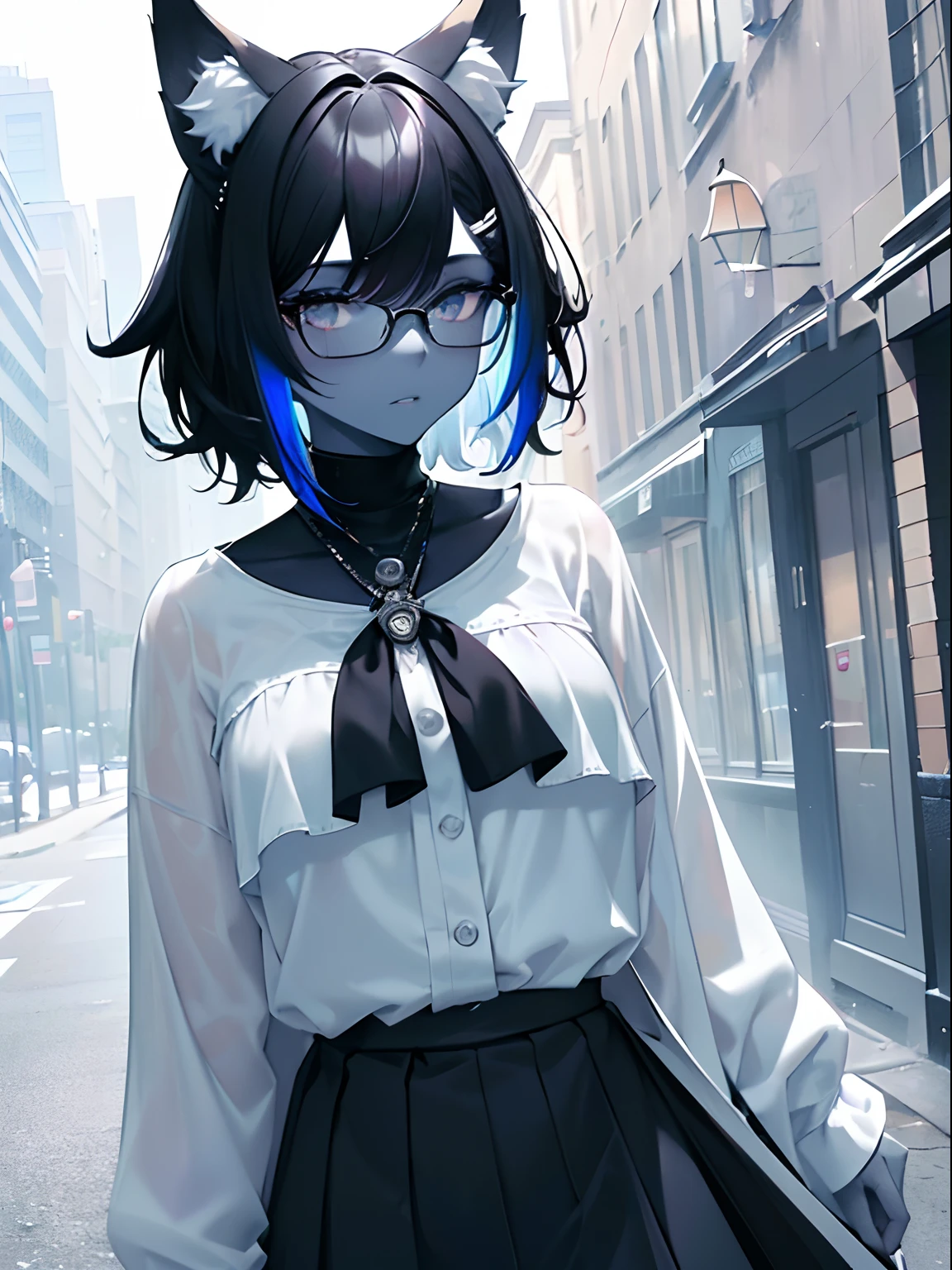 (masterpiece,best quality,ultra-detailed),1girl,black hair,short hair,messy hair,wolf ears,black and white hair,glasses,(((coloured skin,pale blue skin))),striped black skirt, white blouse,((grey theme)),((pastel colours theme)),in the park