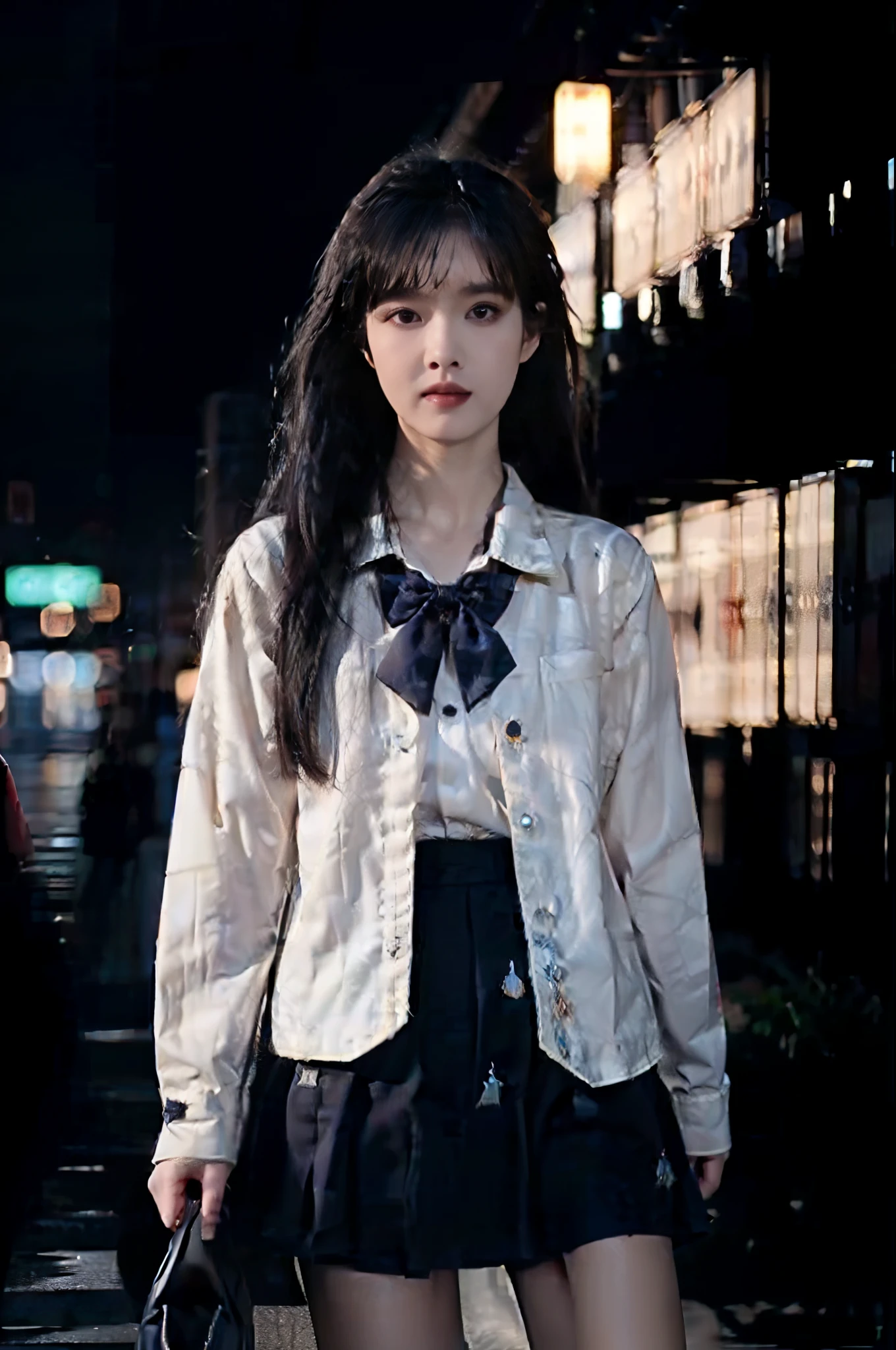 ((8K，tmasterpiece，Best quality at best，hyper-detailing，realistically))，Extremely detailed face，Movie Lighting，Movie Lighting，Ray traching，unlit hair， on a cloudy street，Corner store，Bus stop，Torrential rain and heavy rain，Girl with long black hair and black eyes.。(She was wearing a red fur-trimmed hooded jacket，White color blouse，Short black skirt and black garter belt，Clothes soaked by rain，Black exposure，outdoor depth tent ），Cinema lens lighting