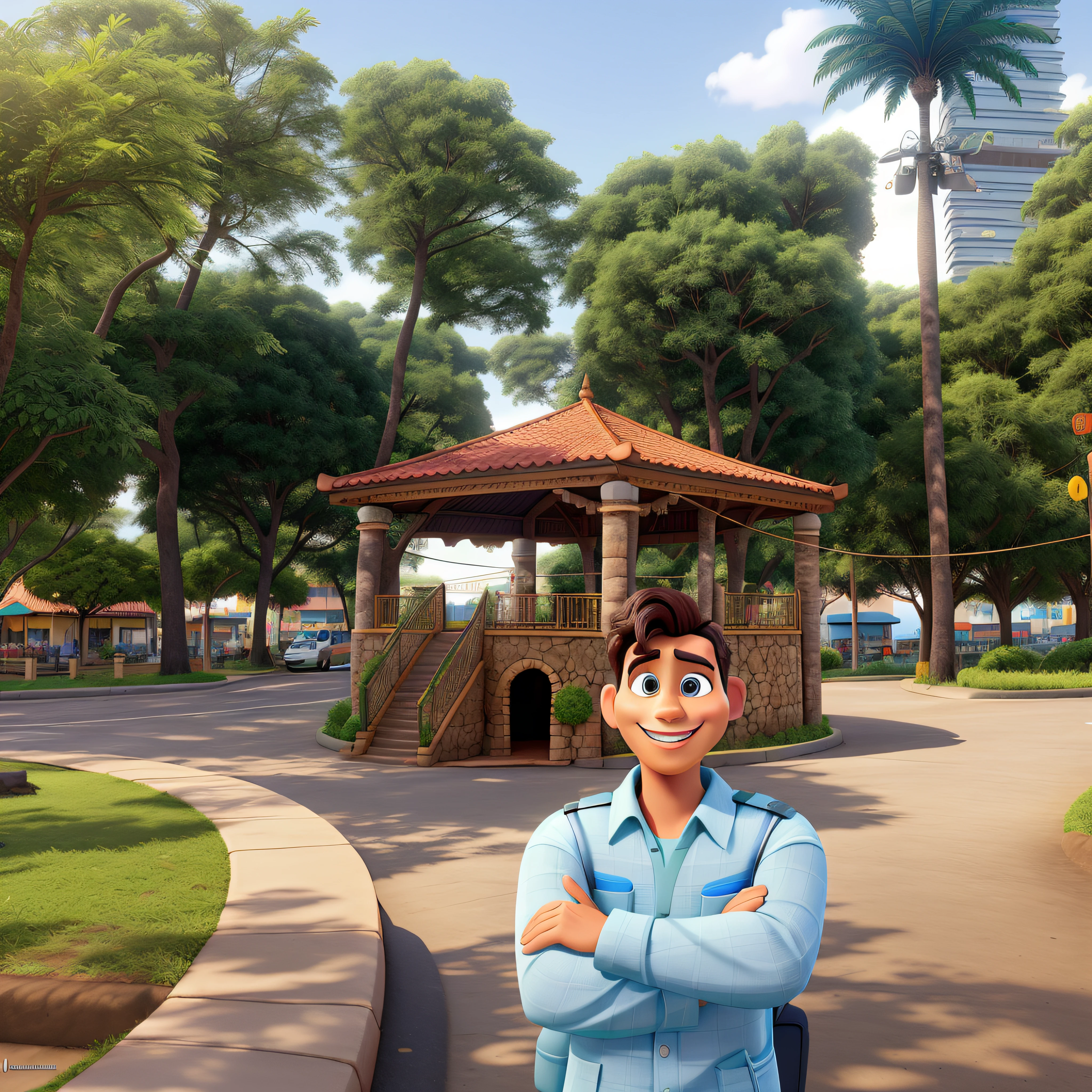 Prefeito sorridente na frente do coreto na cidade. imagem e paisagem com estilo e textura da disney pixar